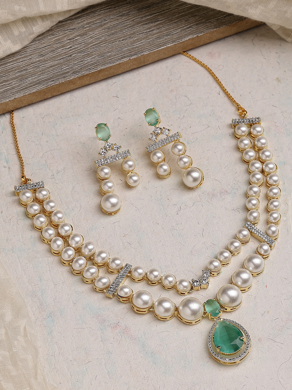 Sukkhi Incredible Pear Design & Gold Plated CZ & Pearl Studded Mint Green Brass Two Layered Collar Necklace with Drop Earrings Jewellery Set for Women|Latest Stylish Gifts for All Occasions|NS116050