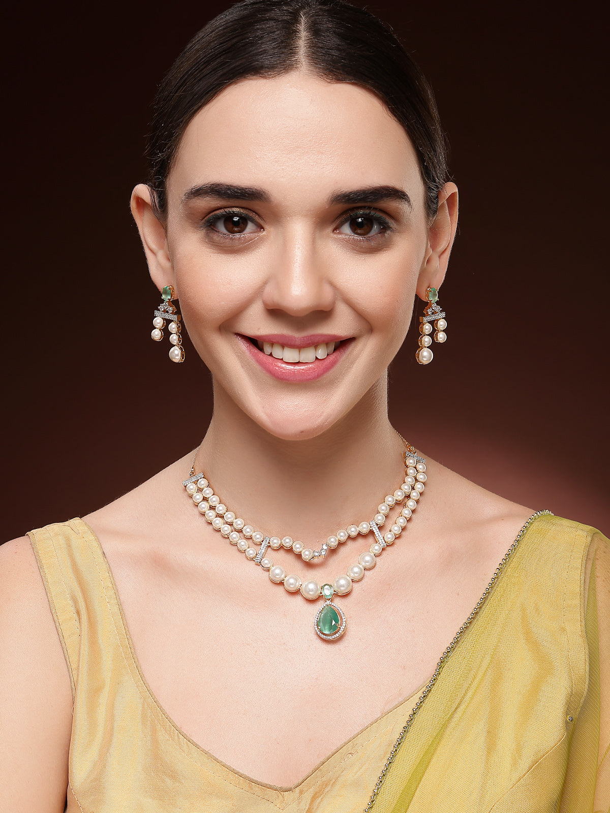 Sukkhi Incredible Pear Design & Gold Plated CZ & Pearl Studded Mint Green Brass Two Layered Collar Necklace with Drop Earrings Jewellery Set for Women|Latest Stylish Gifts for All Occasions|NS116050