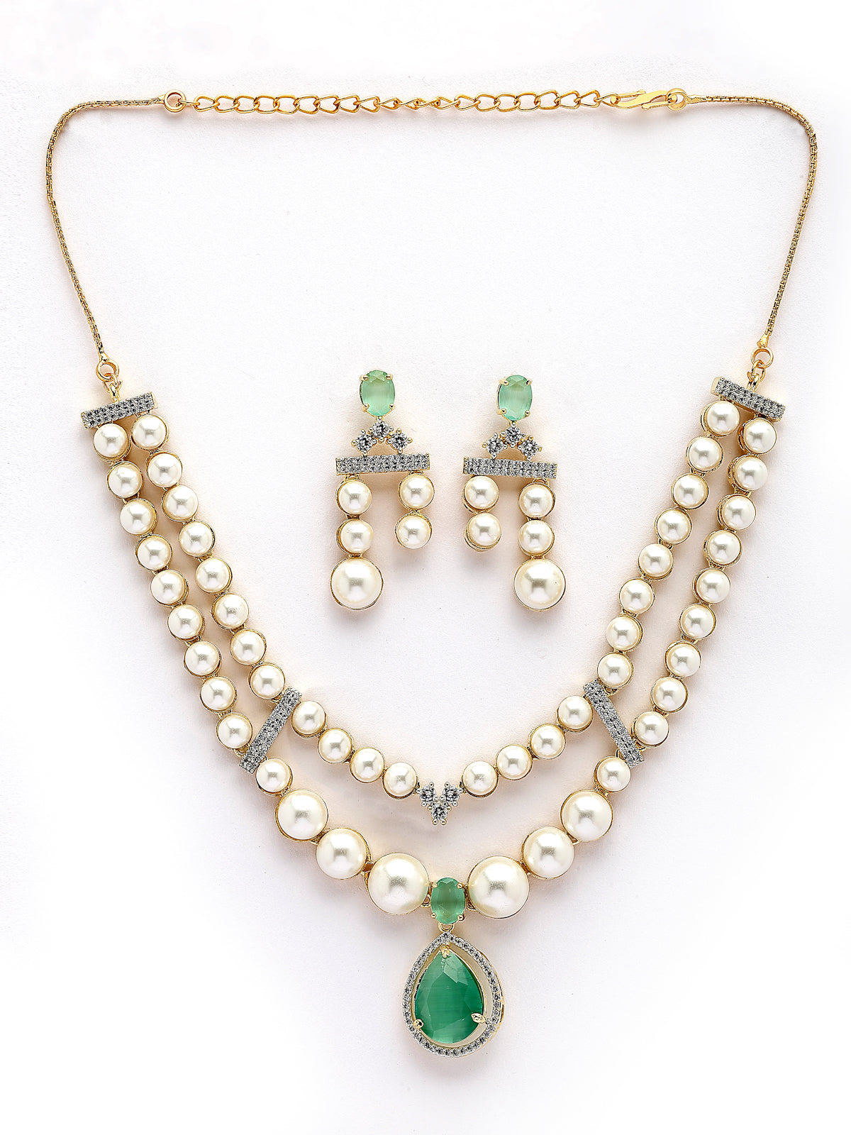 Sukkhi Incredible Pear Design & Gold Plated CZ & Pearl Studded Mint Green Brass Two Layered Collar Necklace with Drop Earrings Jewellery Set for Women|Latest Stylish Gifts for All Occasions|NS116050