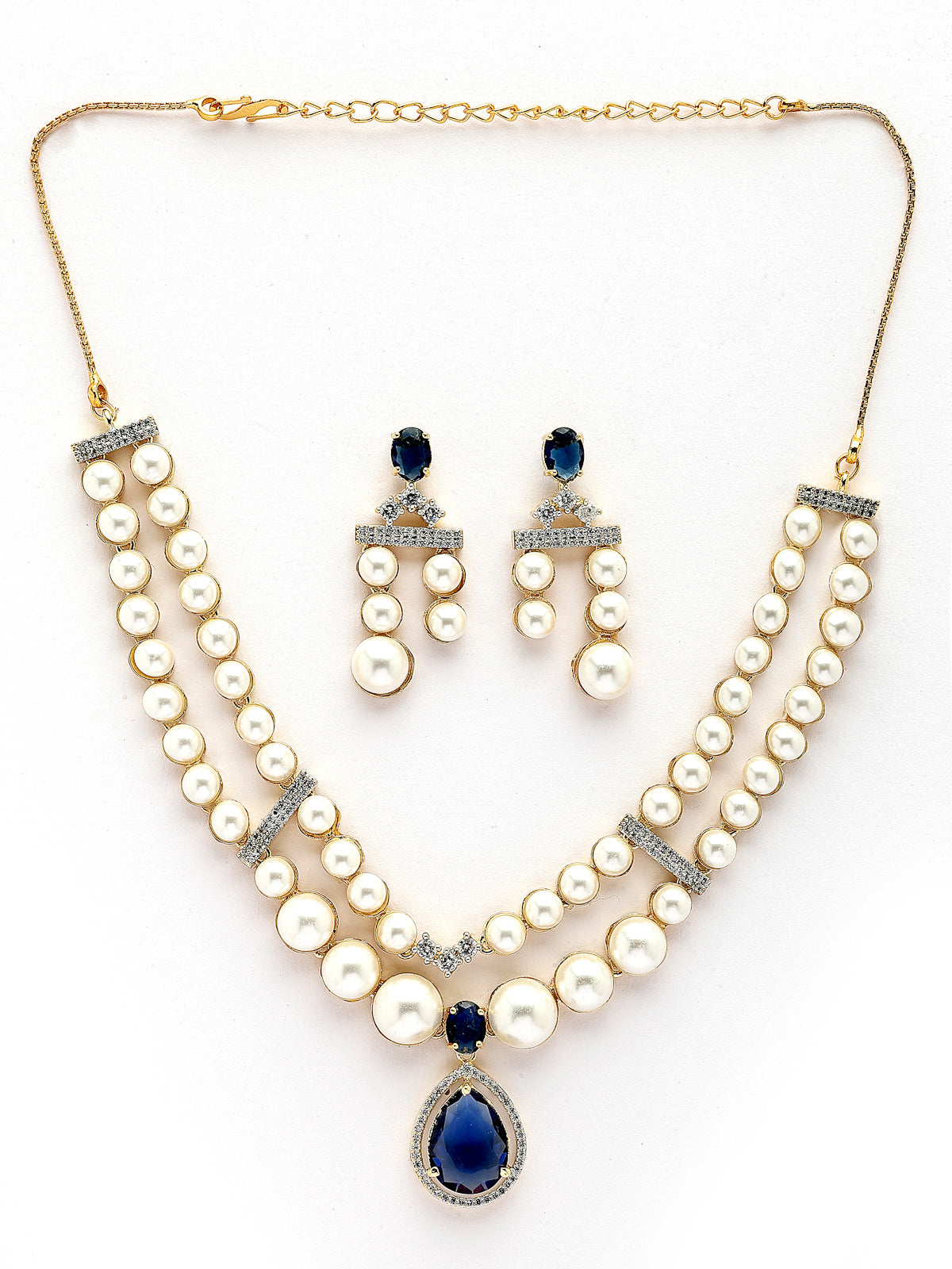 Sukkhi Glamorous Blue Pear Design Gold Plated CZ & Pearl Studded Brass Two Layered Collar Necklace with Drop Earrings Jewellery Set for Women|Latest Stylish Gifts for All Occasions|NS116051
