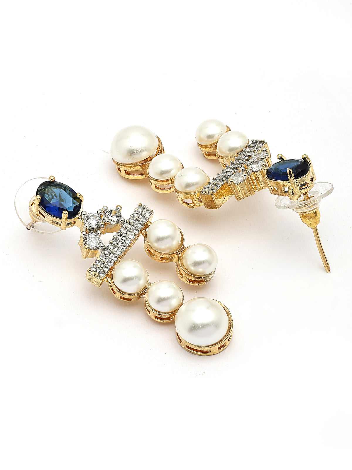 Sukkhi Glamorous Blue Pear Design Gold Plated CZ & Pearl Studded Brass Two Layered Collar Necklace with Drop Earrings Jewellery Set for Women|Latest Stylish Gifts for All Occasions|NS116051