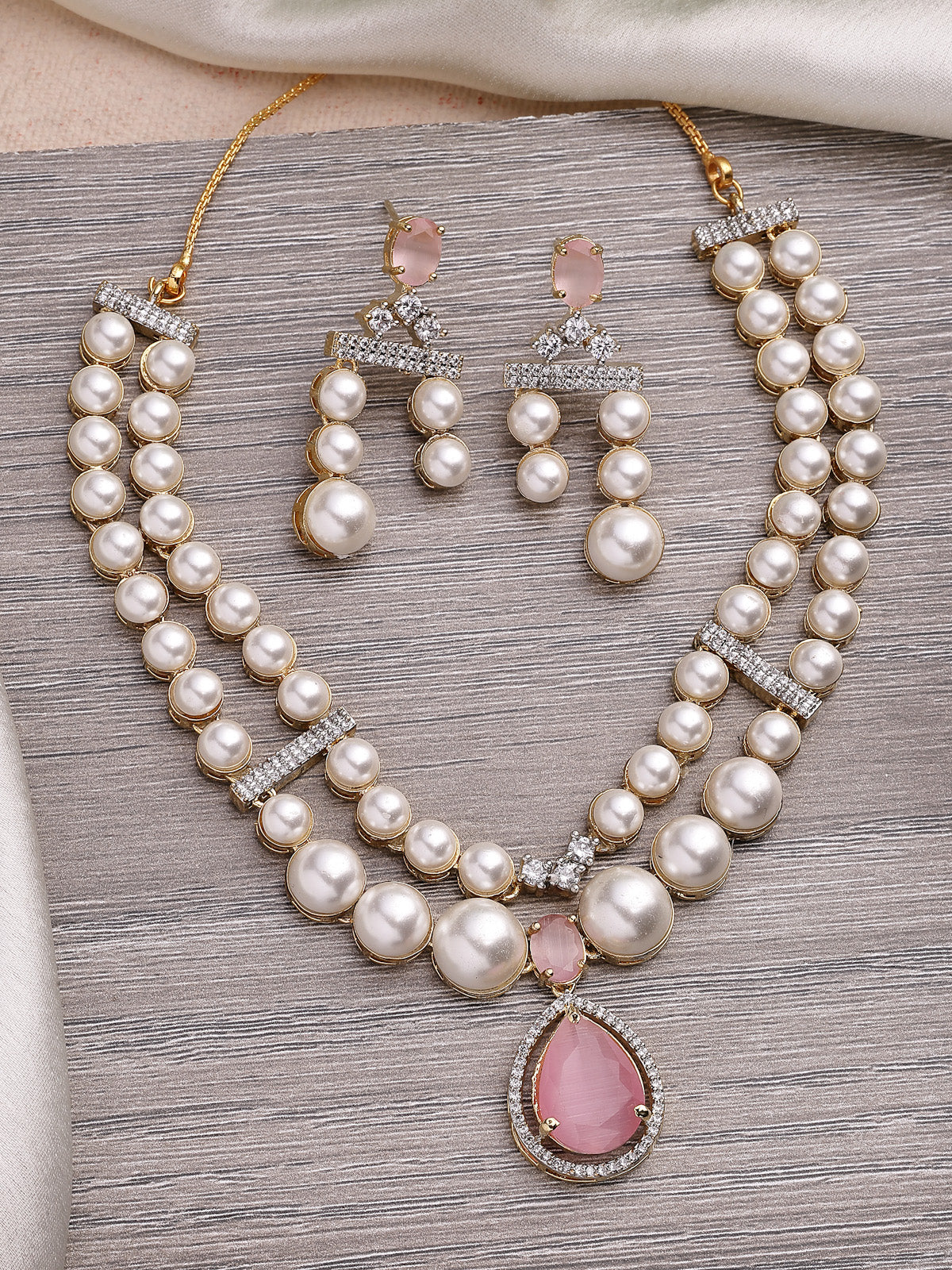 Sukkhi Beautiful Pink Pear Design Gold Plated Cubic Zirconia & Pearl Studded Brass Two Layered Collar Necklace & Drop Earrings Jewellery Set for Women|Latest Stylish Gifts for All Occasions|NS116053