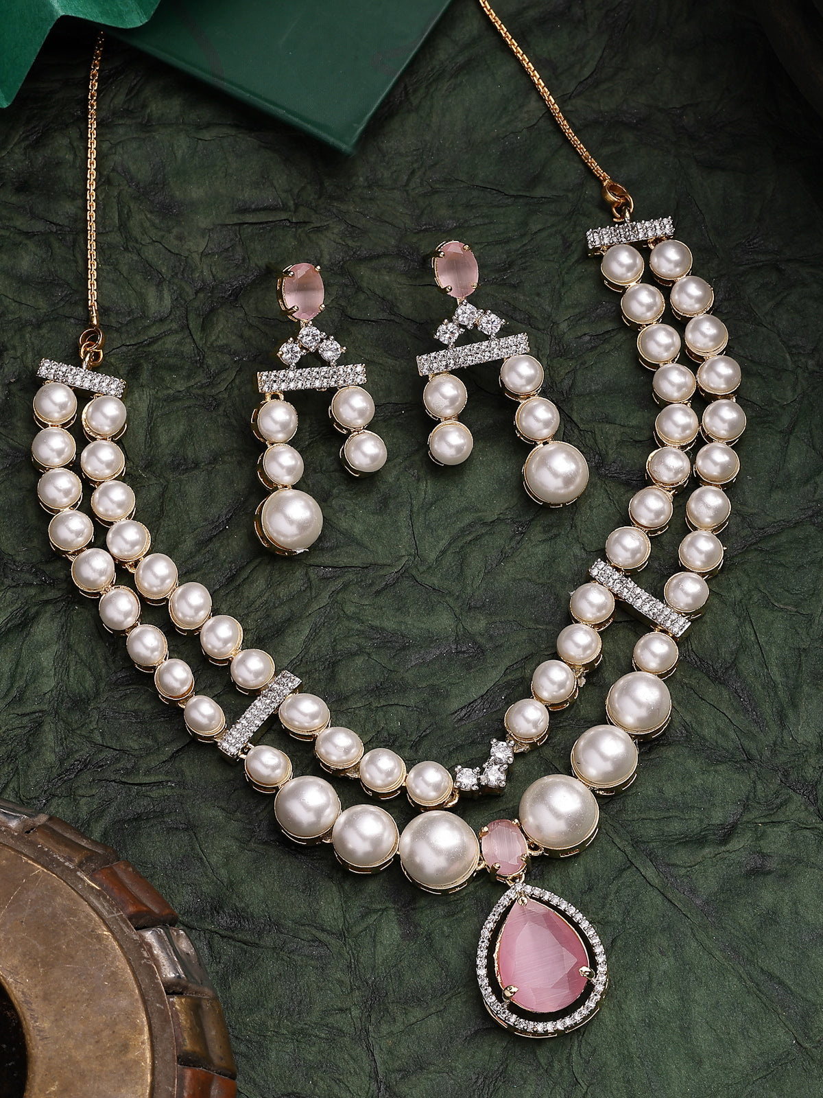 Sukkhi Beautiful Pink Pear Design Gold Plated Cubic Zirconia & Pearl Studded Brass Two Layered Collar Necklace & Drop Earrings Jewellery Set for Women|Latest Stylish Gifts for All Occasions|NS116053