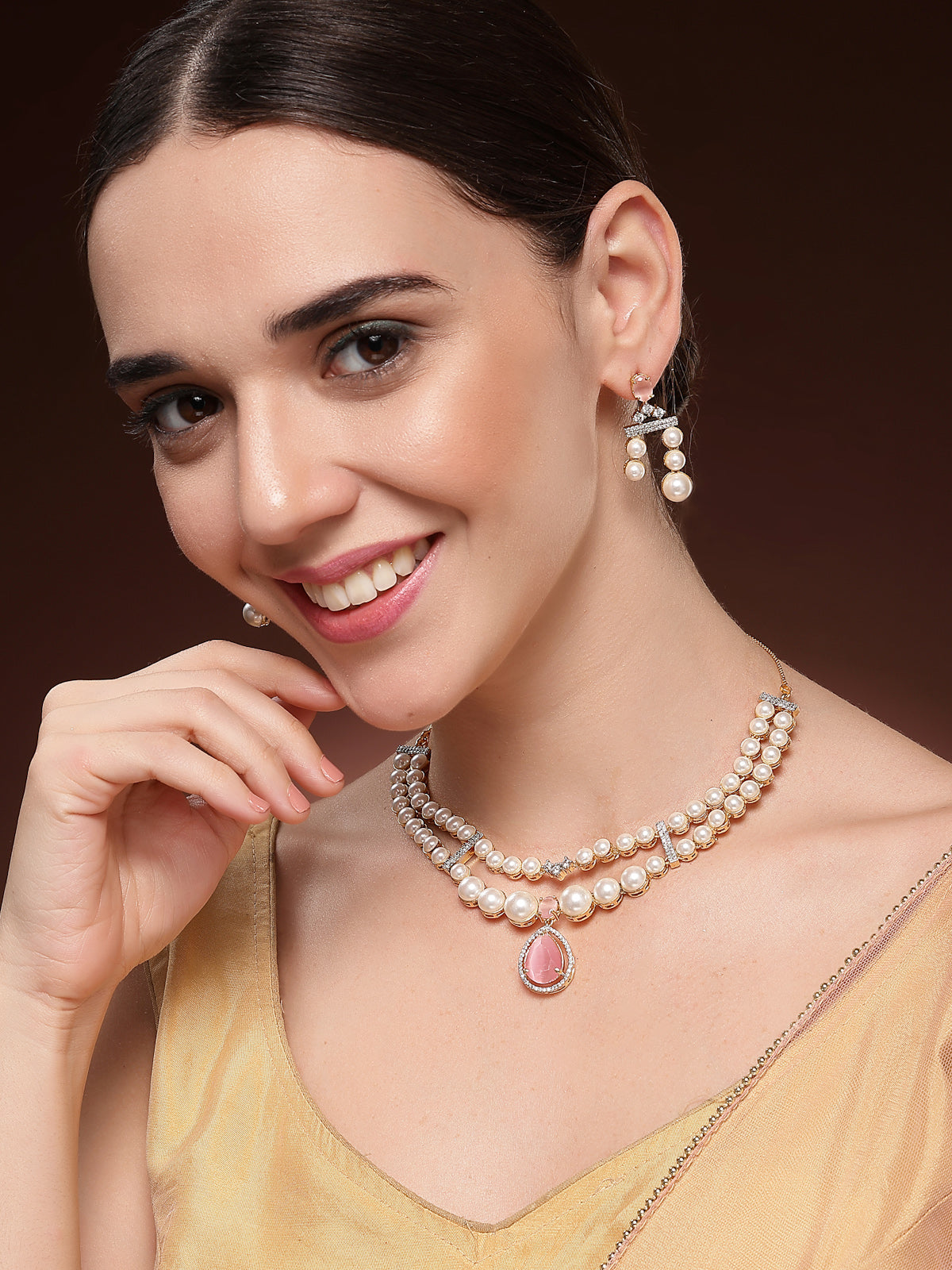 Sukkhi Beautiful Pink Pear Design Gold Plated Cubic Zirconia & Pearl Studded Brass Two Layered Collar Necklace & Drop Earrings Jewellery Set for Women|Latest Stylish Gifts for All Occasions|NS116053