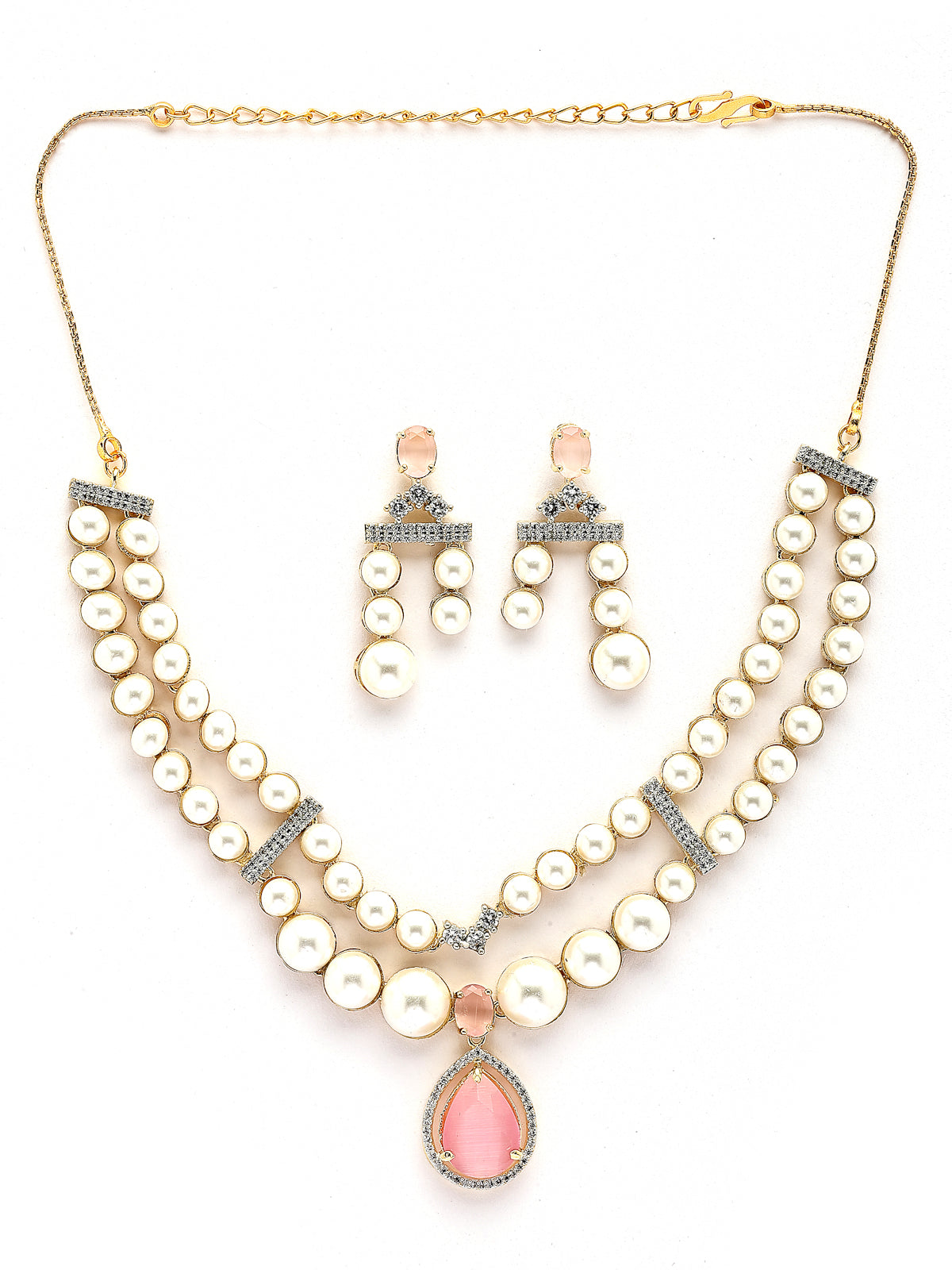 Sukkhi Beautiful Pink Pear Design Gold Plated Cubic Zirconia & Pearl Studded Brass Two Layered Collar Necklace & Drop Earrings Jewellery Set for Women|Latest Stylish Gifts for All Occasions|NS116053