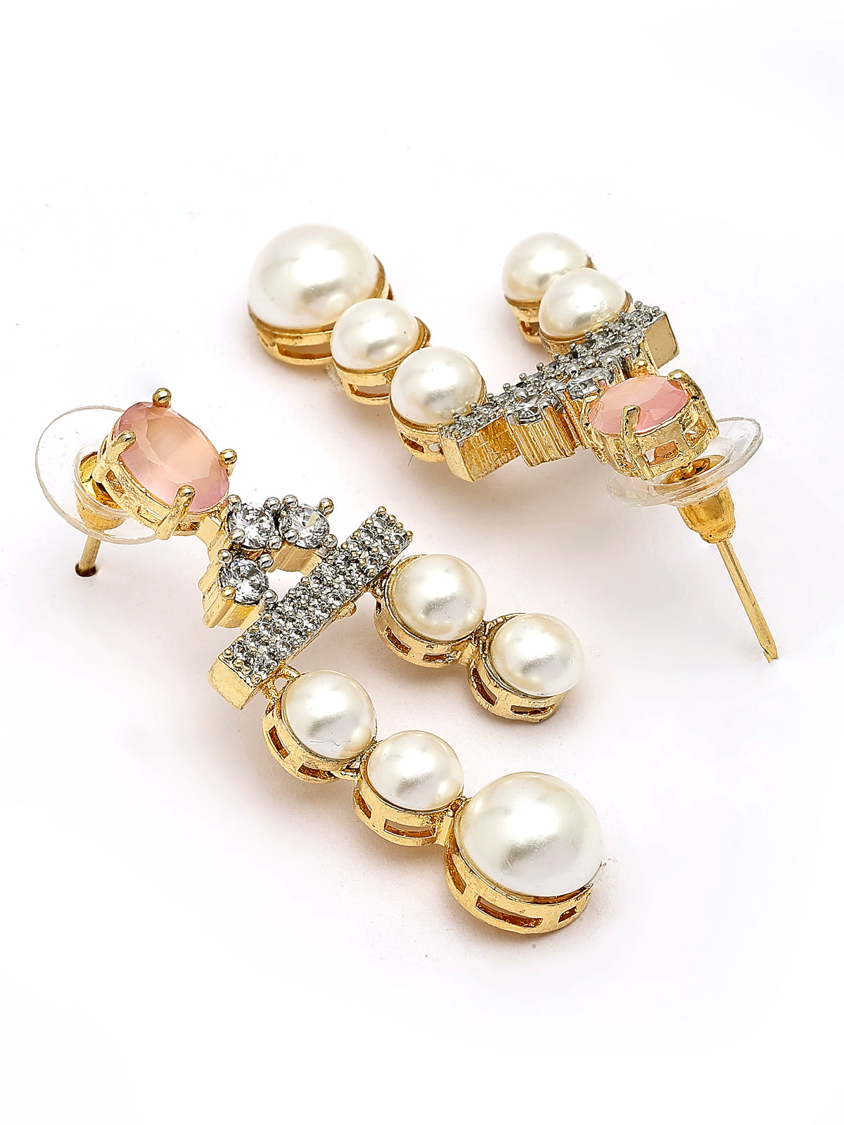 Sukkhi Beautiful Pink Pear Design Gold Plated Cubic Zirconia & Pearl Studded Brass Two Layered Collar Necklace & Drop Earrings Jewellery Set for Women|Latest Stylish Gifts for All Occasions|NS116053