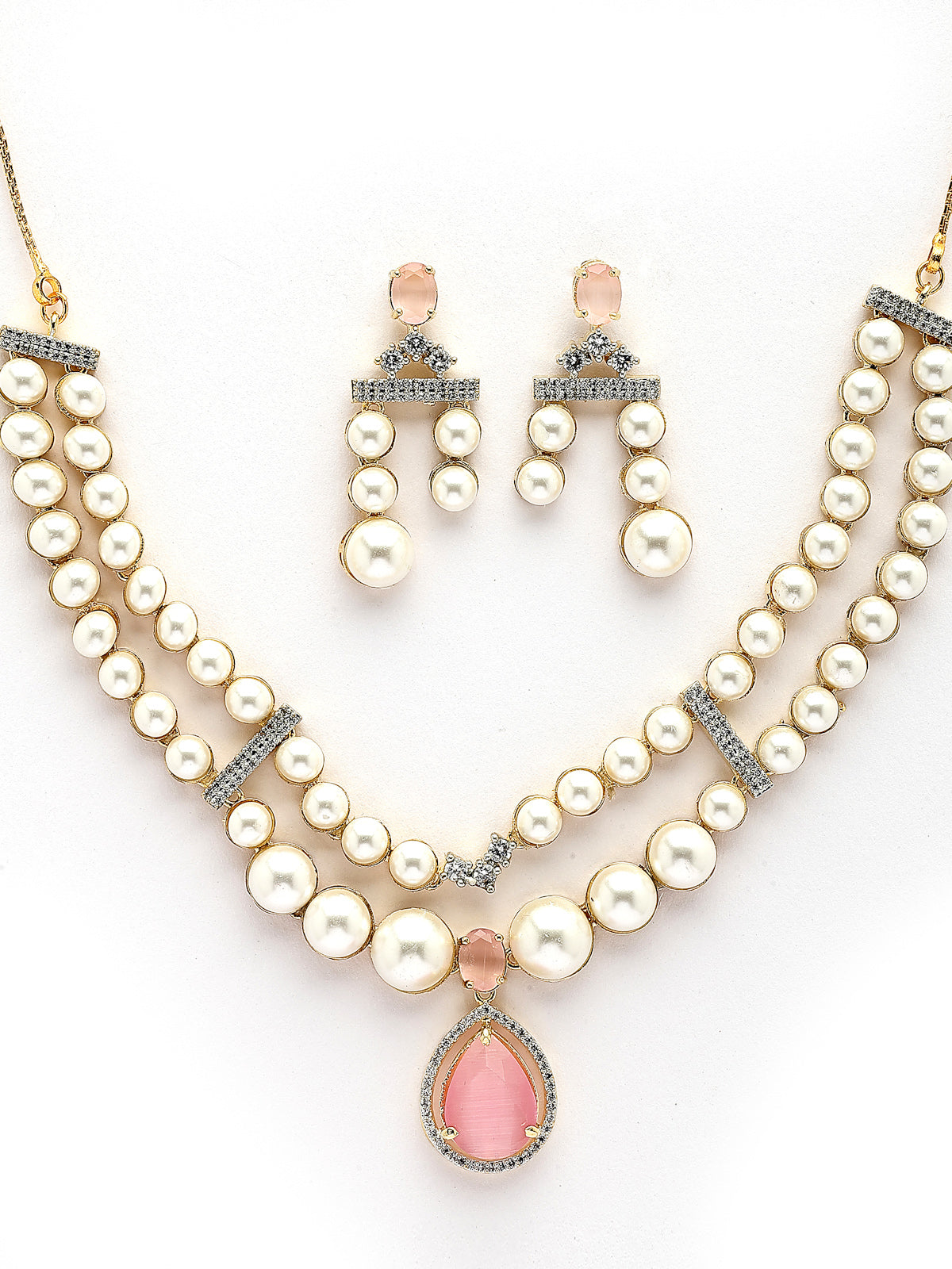 Sukkhi Beautiful Pink Pear Design Gold Plated Cubic Zirconia & Pearl Studded Brass Two Layered Collar Necklace & Drop Earrings Jewellery Set for Women|Latest Stylish Gifts for All Occasions|NS116053
