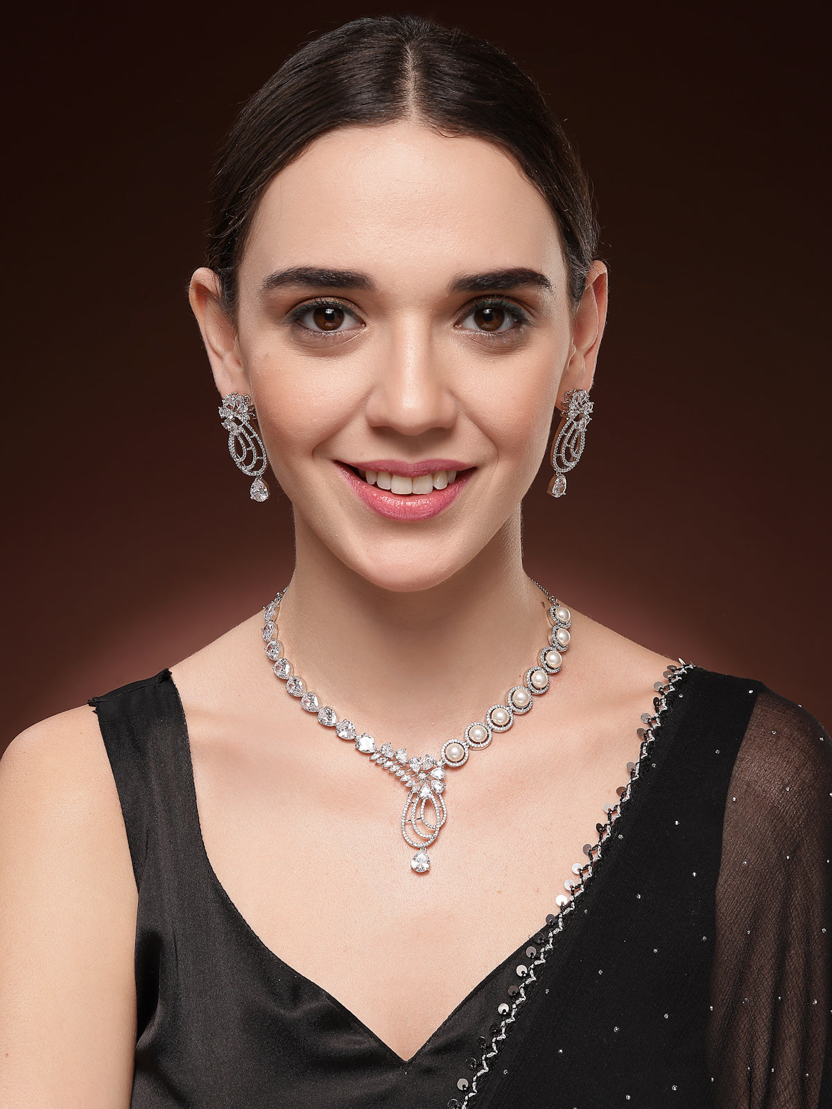 Sukkhi Delicate Tear Drop Round Design Rhodium Plated Cubic Zirconia & Pearl Studded White Brass Collar Necklace & Drop Earrings Jewellery Set for Women|Latest Stylish Gift for All Occasions|NS116054