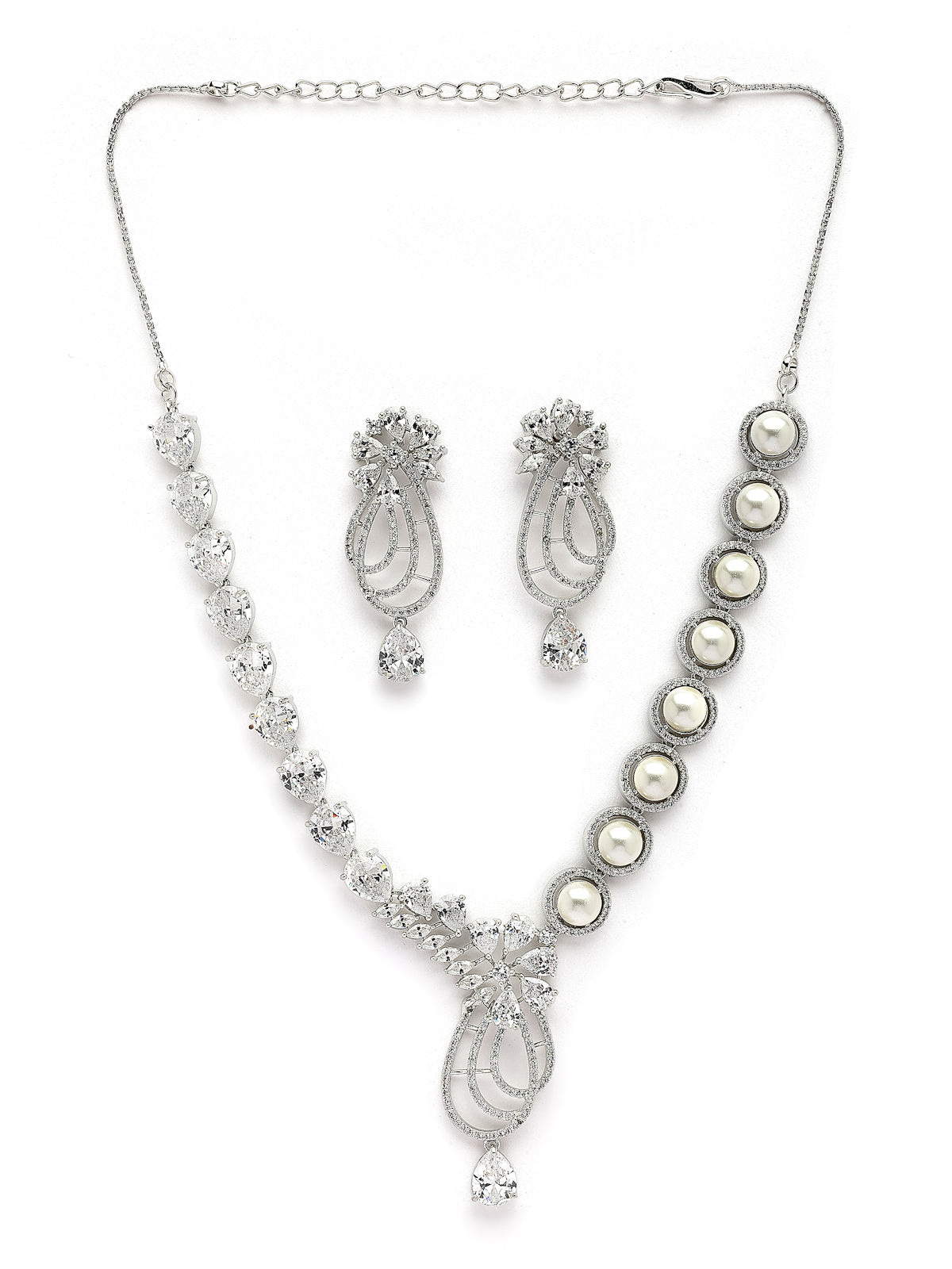 Sukkhi Delicate Tear Drop Round Design Rhodium Plated Cubic Zirconia & Pearl Studded White Brass Collar Necklace & Drop Earrings Jewellery Set for Women|Latest Stylish Gift for All Occasions|NS116054