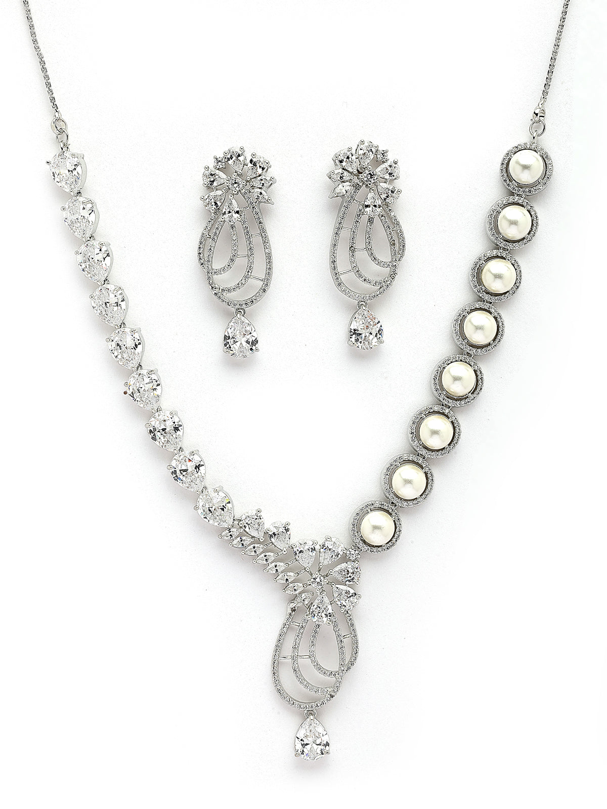 Sukkhi Delicate Tear Drop Round Design Rhodium Plated Cubic Zirconia & Pearl Studded White Brass Collar Necklace & Drop Earrings Jewellery Set for Women|Latest Stylish Gift for All Occasions|NS116054
