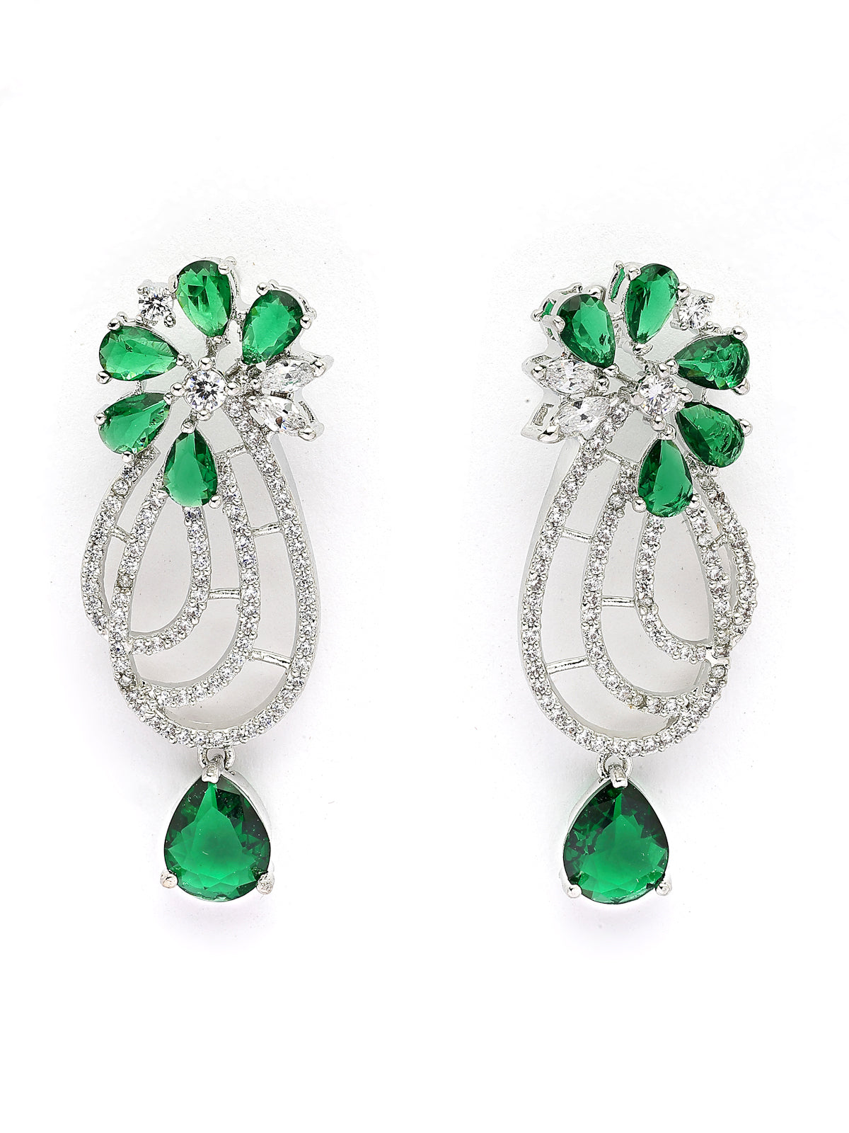 Sukkhi Designer Tear Drop Round Design Rhodium Plated Cubic Zirconia & Pearl Studded Green Brass Collar Necklace & Drop Earrings Jewellery Set for Women|Latest Stylish Gift for All Occasions|NS116055