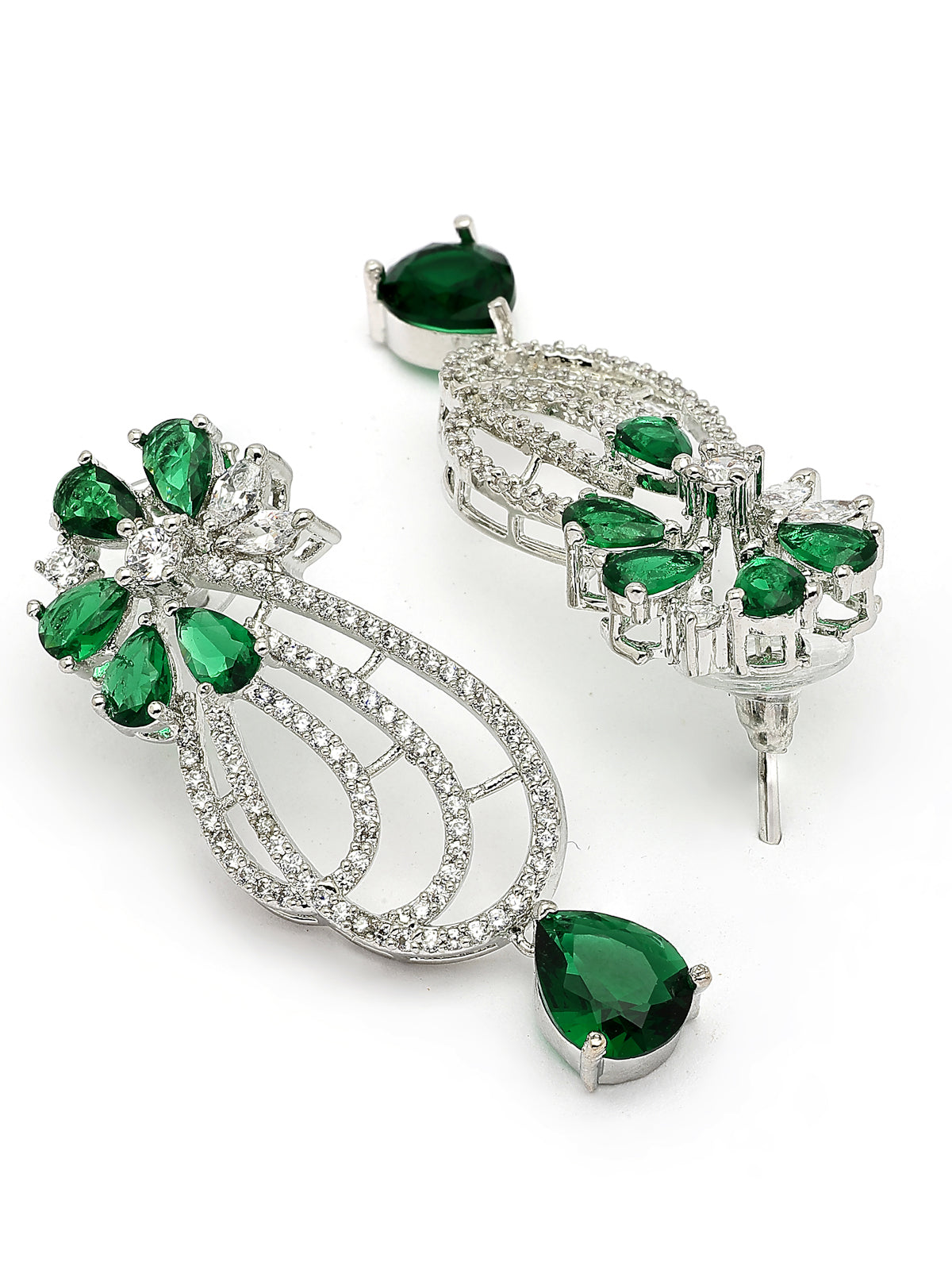 Sukkhi Designer Tear Drop Round Design Rhodium Plated Cubic Zirconia & Pearl Studded Green Brass Collar Necklace & Drop Earrings Jewellery Set for Women|Latest Stylish Gift for All Occasions|NS116055