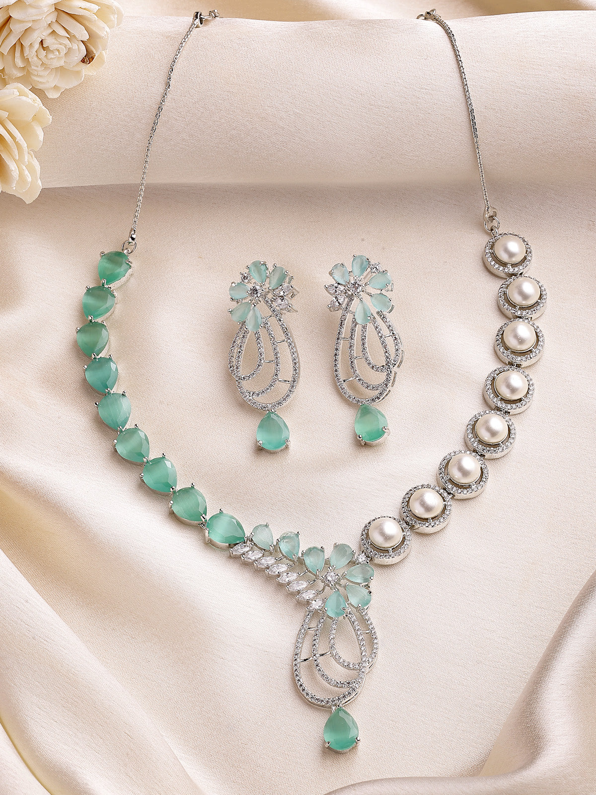 Sukkhi Stylish Tear Drop Round Design Rhodium Plated CZ & Pearl Studded Mint Green Brass Collar Necklace & Drop Earrings Jewellery Set for Women|Latest Stylish Gifts for All Occasions|NS116056