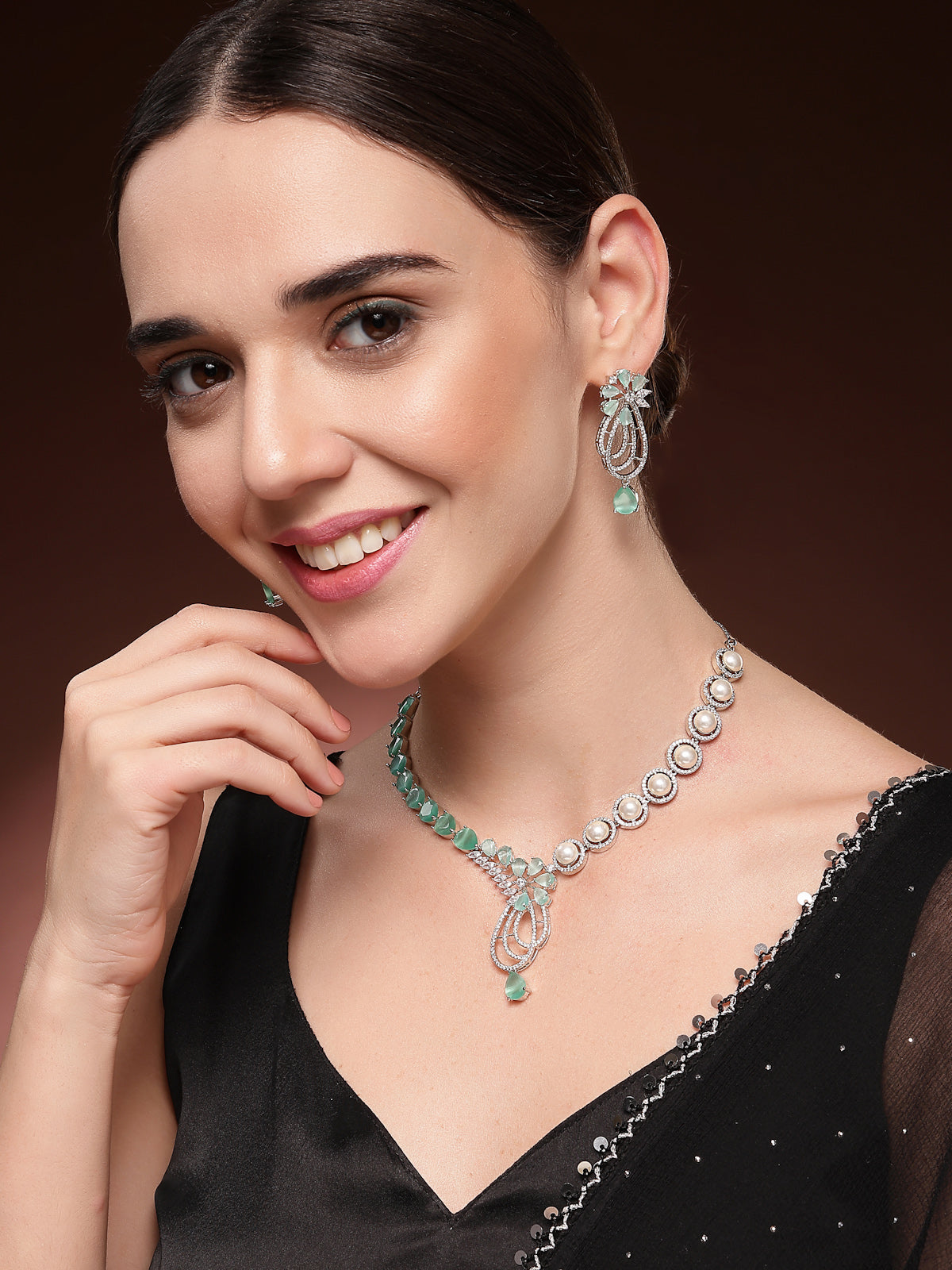 Sukkhi Stylish Tear Drop Round Design Rhodium Plated CZ & Pearl Studded Mint Green Brass Collar Necklace & Drop Earrings Jewellery Set for Women|Latest Stylish Gifts for All Occasions|NS116056