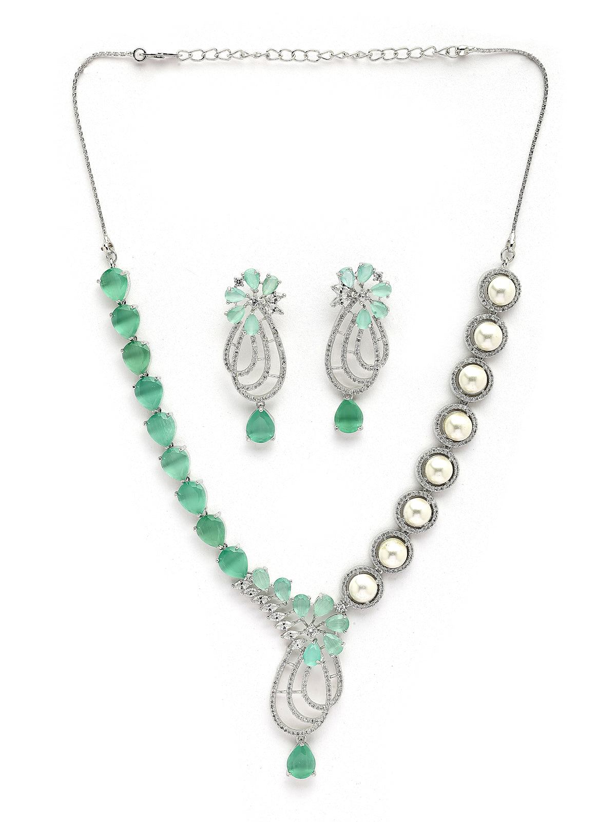 Sukkhi Stylish Tear Drop Round Design Rhodium Plated CZ & Pearl Studded Mint Green Brass Collar Necklace & Drop Earrings Jewellery Set for Women|Latest Stylish Gifts for All Occasions|NS116056
