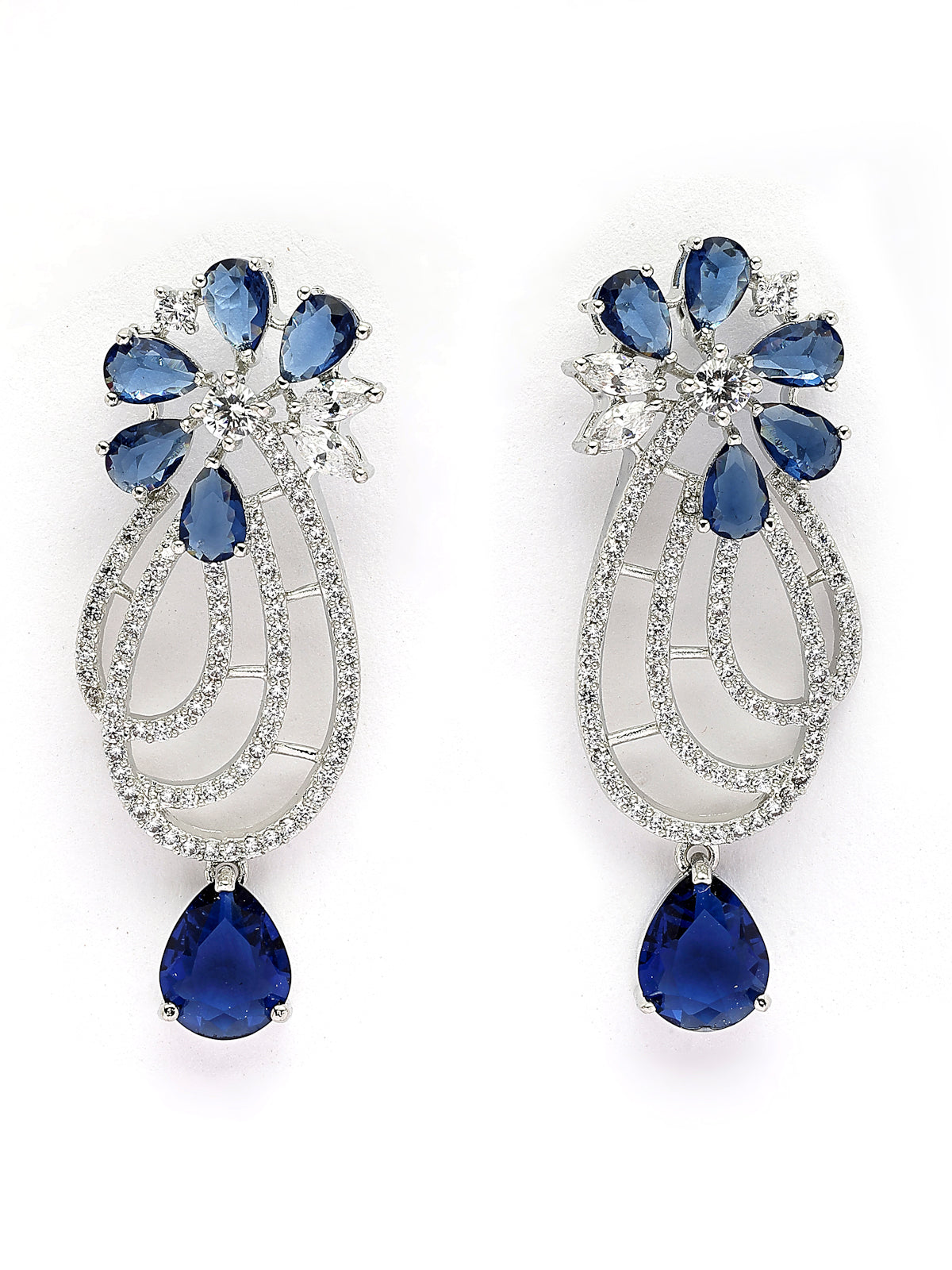 Sukkhi Classic Tear Drop Round Design Rhodium Plated Cubic Zirconia & Pearl Studded Blue Brass Collar Necklace & Drop Earrings Jewellery Set for Women|Latest Stylish Gifts for All Occasions|NS116057