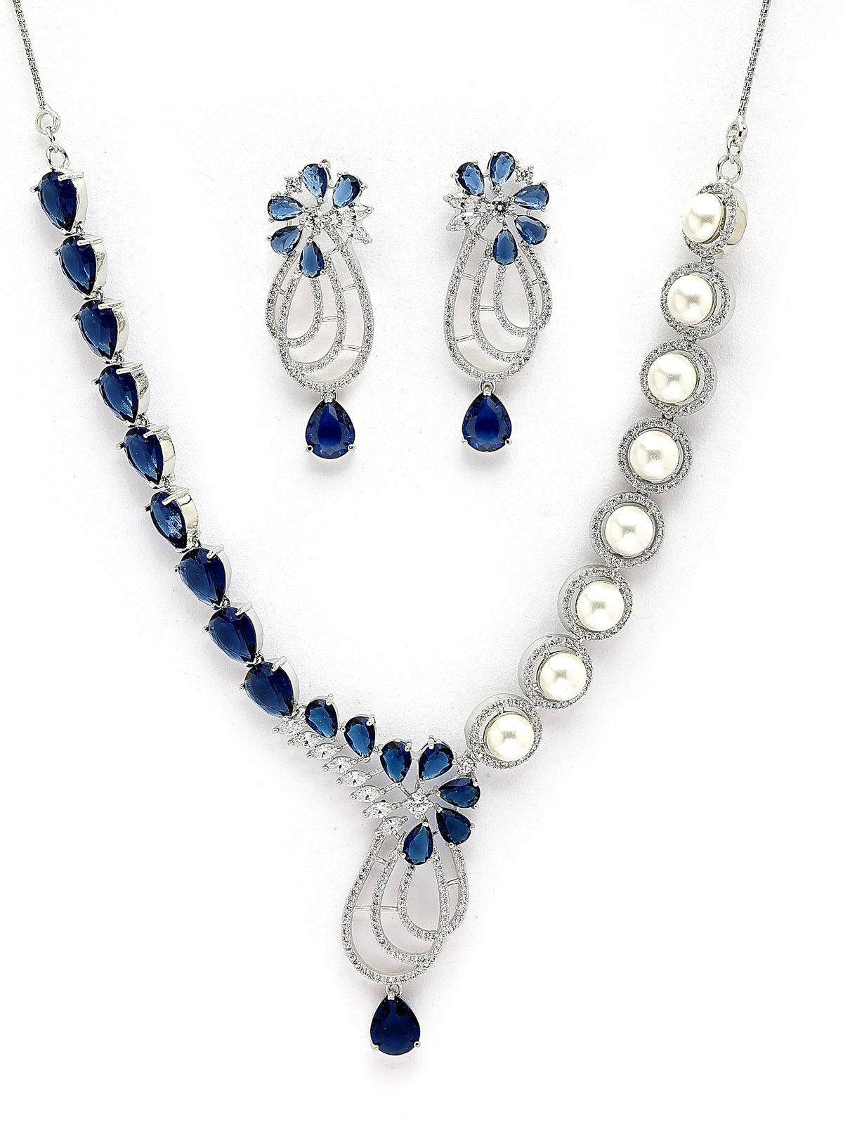 Sukkhi Classic Tear Drop Round Design Rhodium Plated Cubic Zirconia & Pearl Studded Blue Brass Collar Necklace & Drop Earrings Jewellery Set for Women|Latest Stylish Gifts for All Occasions|NS116057