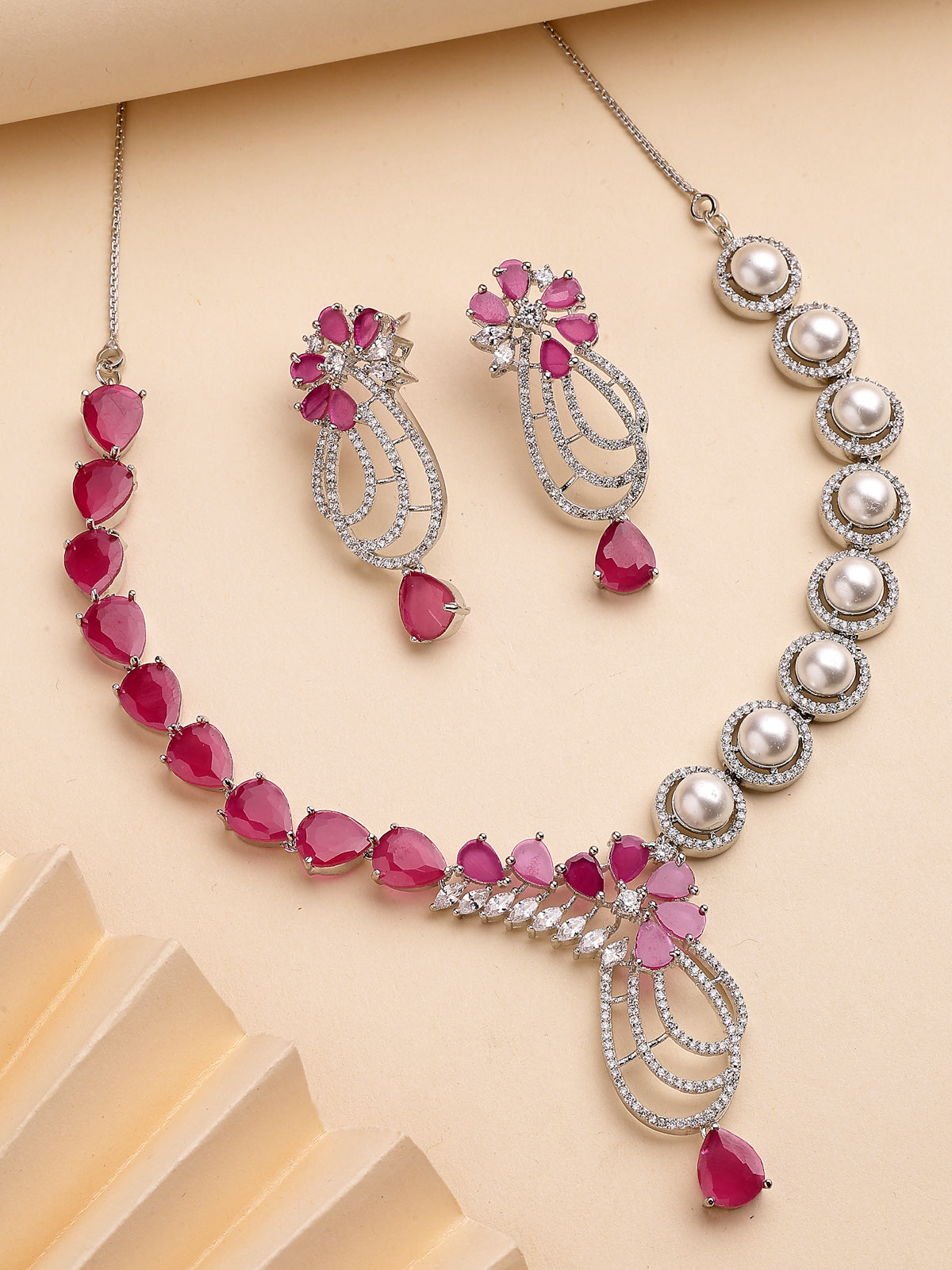 Sukkhi Red Cherry Tear Drop Round Design Rhodium Plated Cubic Zirconia & Pearl Studded Brass Collar Necklace with Drop Earrings Jewellery Set for Women|Latest Stylish Gifts for All Occasions|NS116058