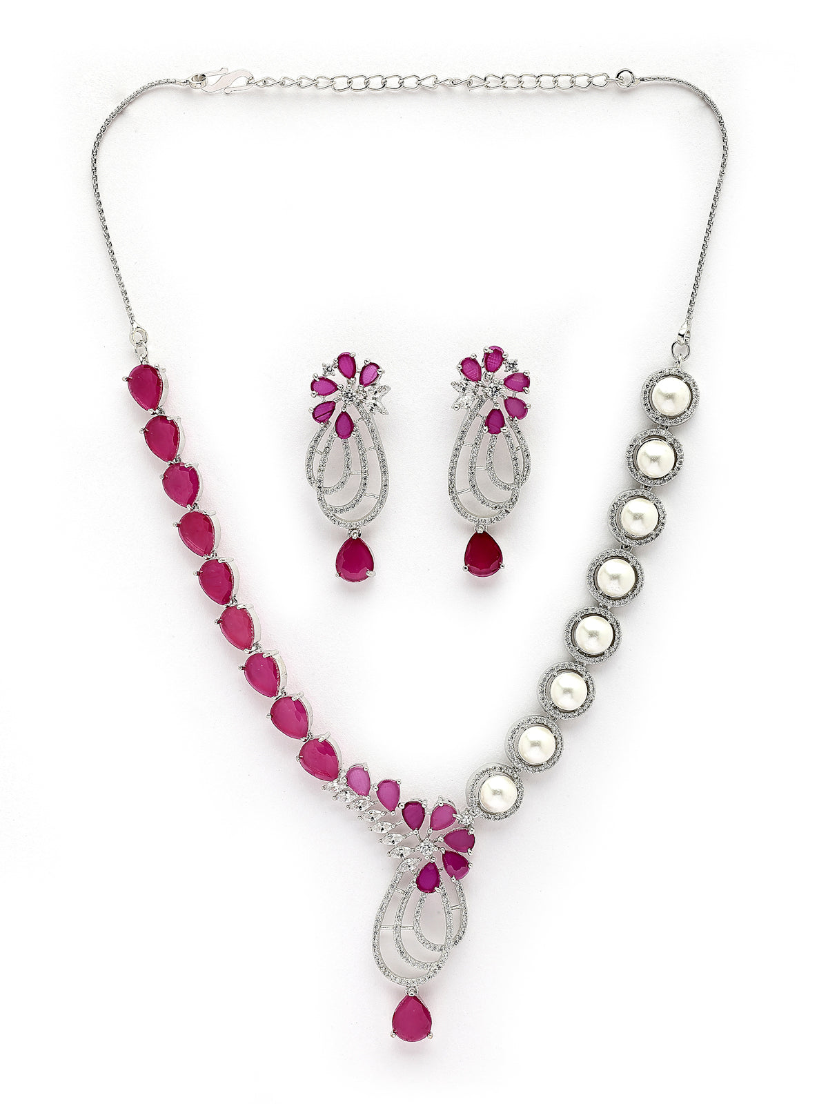 Sukkhi Red Cherry Tear Drop Round Design Rhodium Plated Cubic Zirconia & Pearl Studded Brass Collar Necklace with Drop Earrings Jewellery Set for Women|Latest Stylish Gifts for All Occasions|NS116058