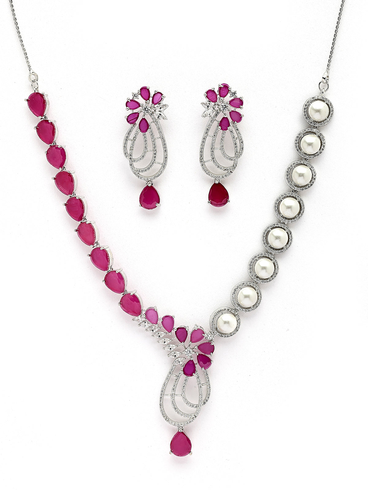 Sukkhi Red Cherry Tear Drop Round Design Rhodium Plated Cubic Zirconia & Pearl Studded Brass Collar Necklace with Drop Earrings Jewellery Set for Women|Latest Stylish Gifts for All Occasions|NS116058
