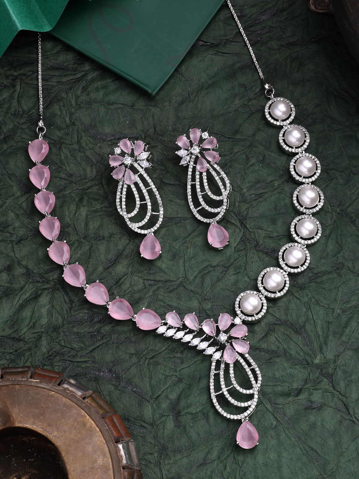 Sukkhi Pretty Pink Tear Drop Round Design Rhodium Plated Cubic Zirconia & Pearl Studded Brass Collar Necklace & Drop Earrings Jewellery Set for Women|Latest Stylish Gifts for All Occasions|NS116059