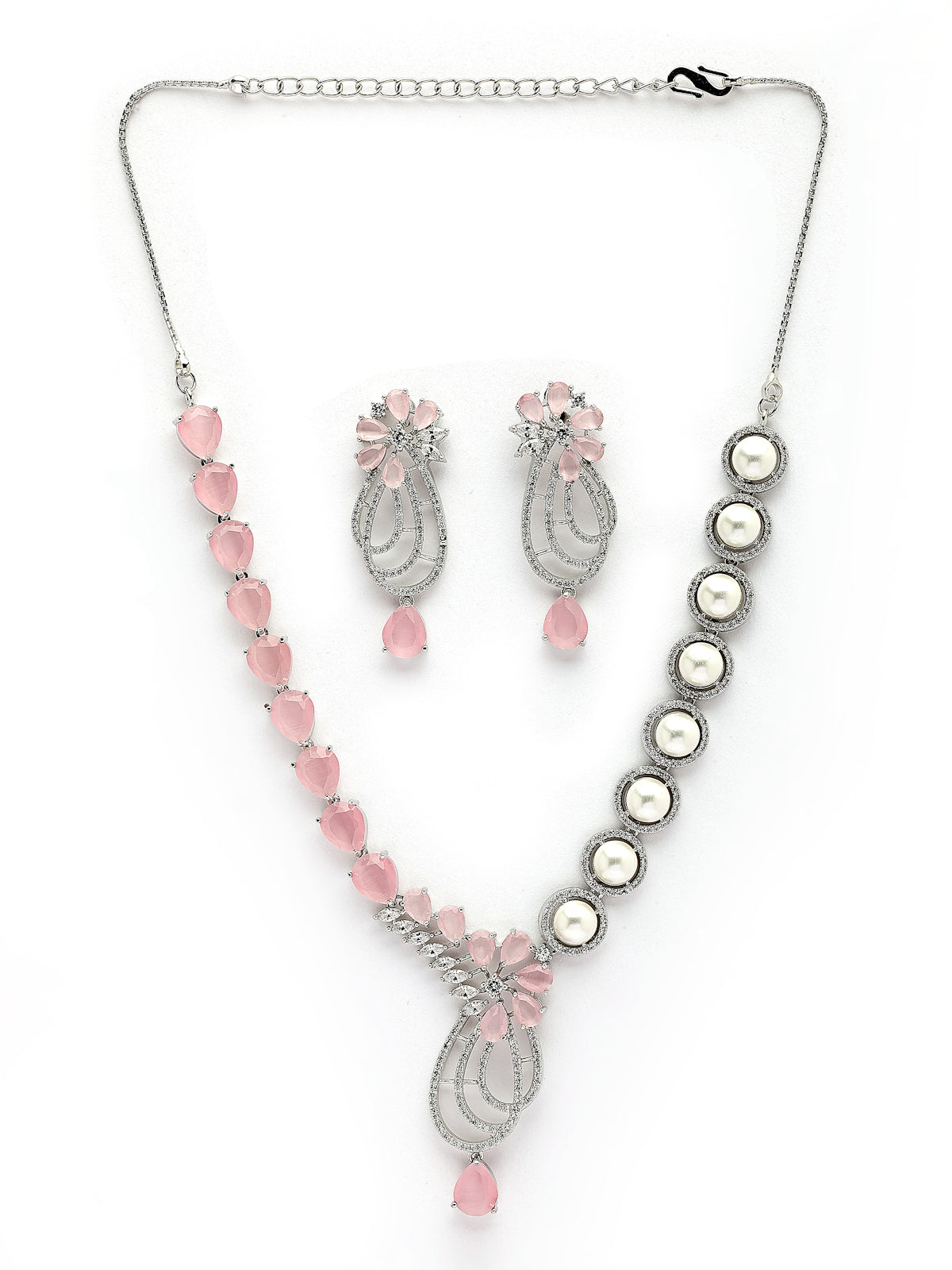 Sukkhi Pretty Pink Tear Drop Round Design Rhodium Plated Cubic Zirconia & Pearl Studded Brass Collar Necklace & Drop Earrings Jewellery Set for Women|Latest Stylish Gifts for All Occasions|NS116059