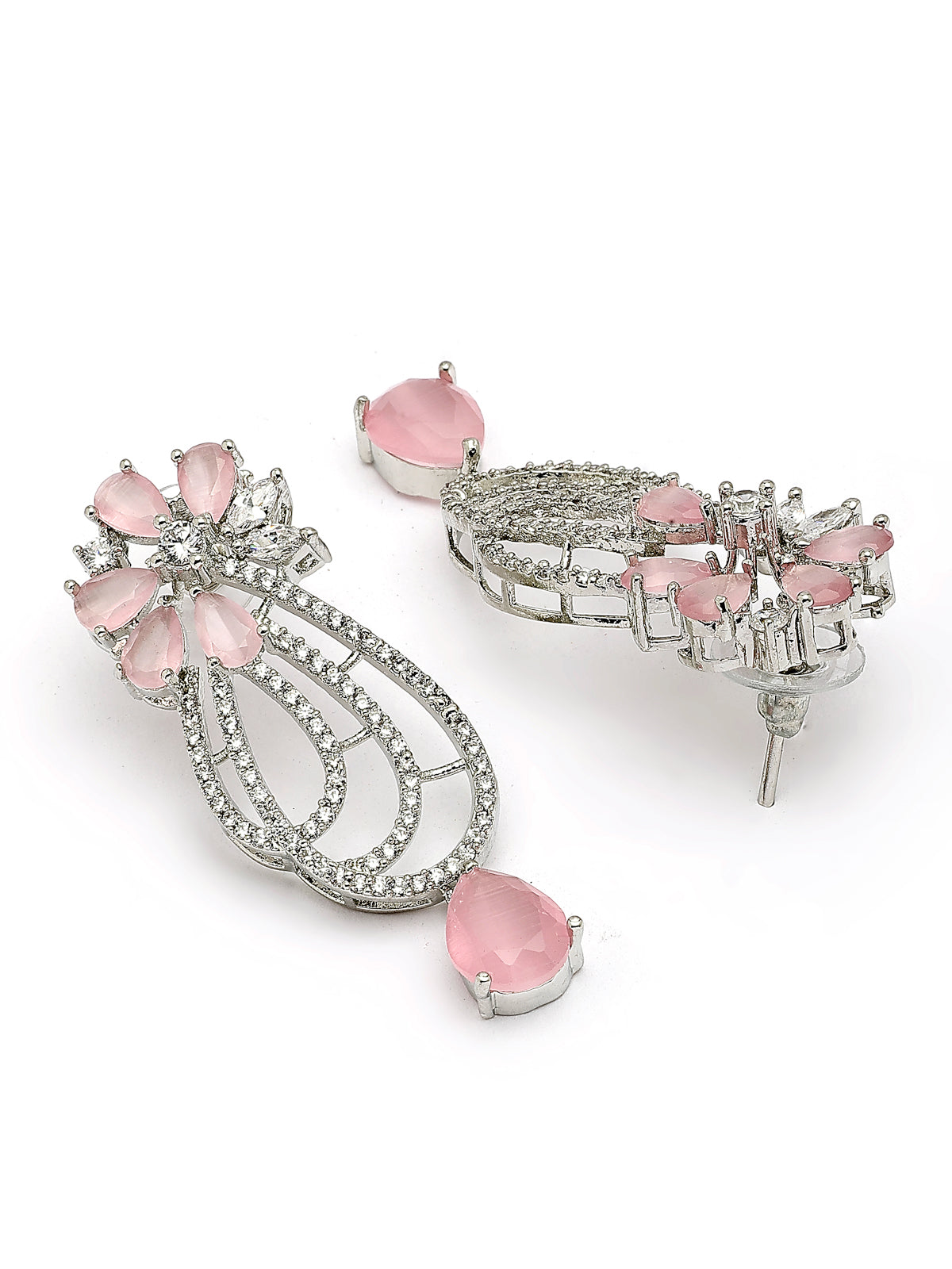 Sukkhi Pretty Pink Tear Drop Round Design Rhodium Plated Cubic Zirconia & Pearl Studded Brass Collar Necklace & Drop Earrings Jewellery Set for Women|Latest Stylish Gifts for All Occasions|NS116059
