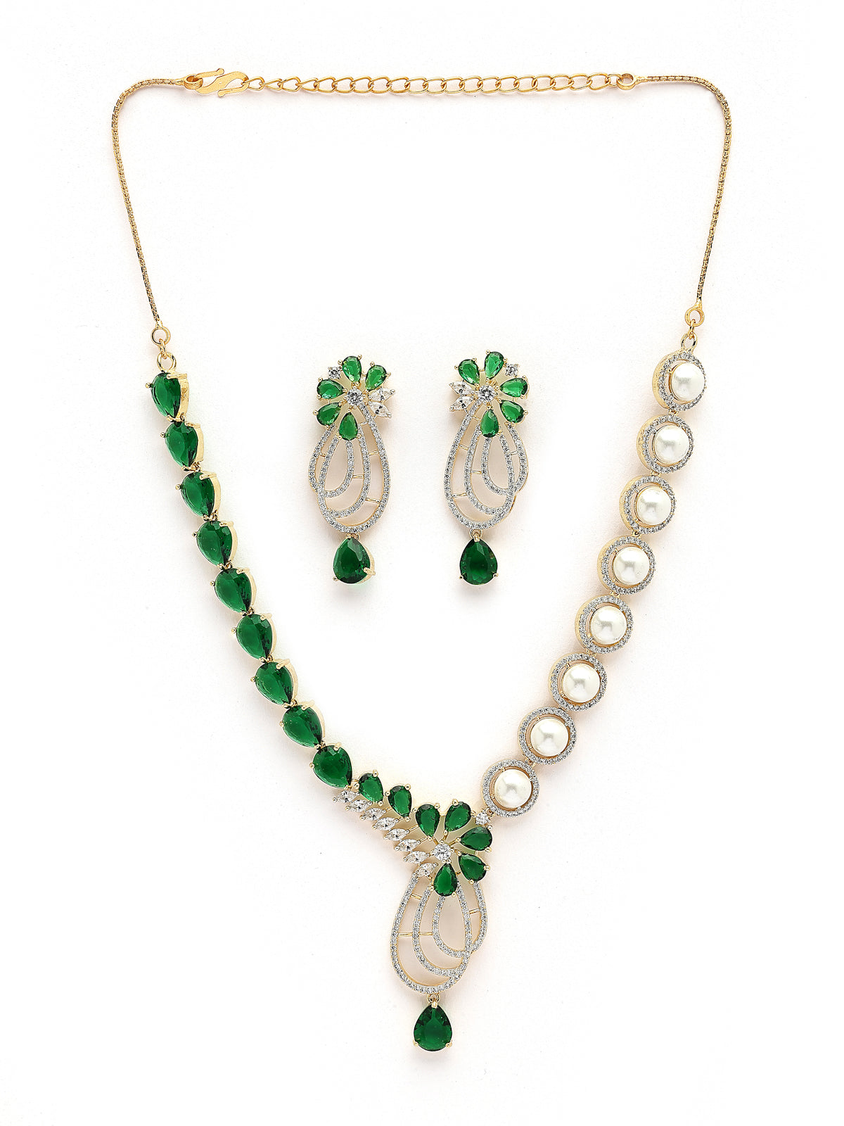 Sukkhi Creative Tear Drop Round Design Gold Plated Cubic Zirconia & Pearl Studded Green Brass Collar Necklace & Drop Earrings Jewellery Set for Women|Latest Stylish Gifts for All Occasions|NS116061