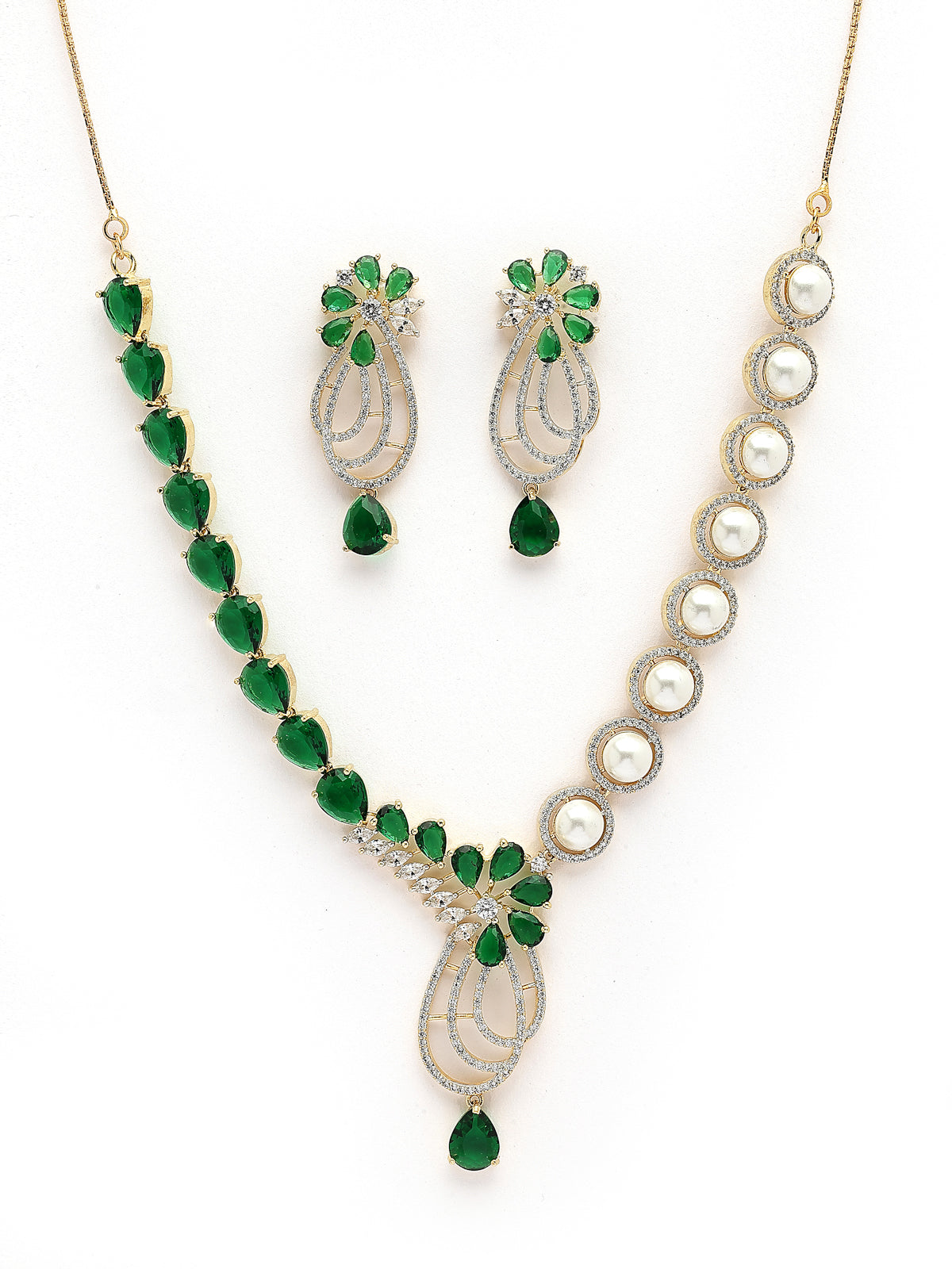 Sukkhi Creative Tear Drop Round Design Gold Plated Cubic Zirconia & Pearl Studded Green Brass Collar Necklace & Drop Earrings Jewellery Set for Women|Latest Stylish Gifts for All Occasions|NS116061