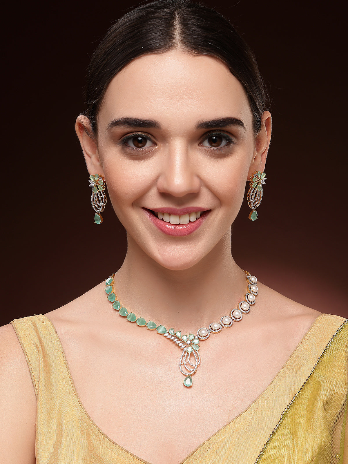 Sukkhi Charming Red Pear Design Gold Plated CZ & Pearl Studded Brass Two Layered Collar Necklace with Drop Earrings Jewellery Set for Women|Latest Stylish Gifts for All Occasions|NS116052