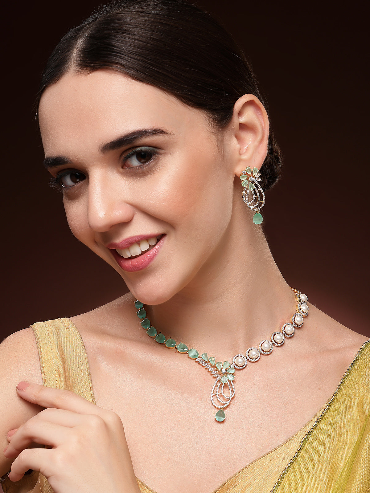 Sukkhi Charming Red Pear Design Gold Plated CZ & Pearl Studded Brass Two Layered Collar Necklace with Drop Earrings Jewellery Set for Women|Latest Stylish Gifts for All Occasions|NS116052