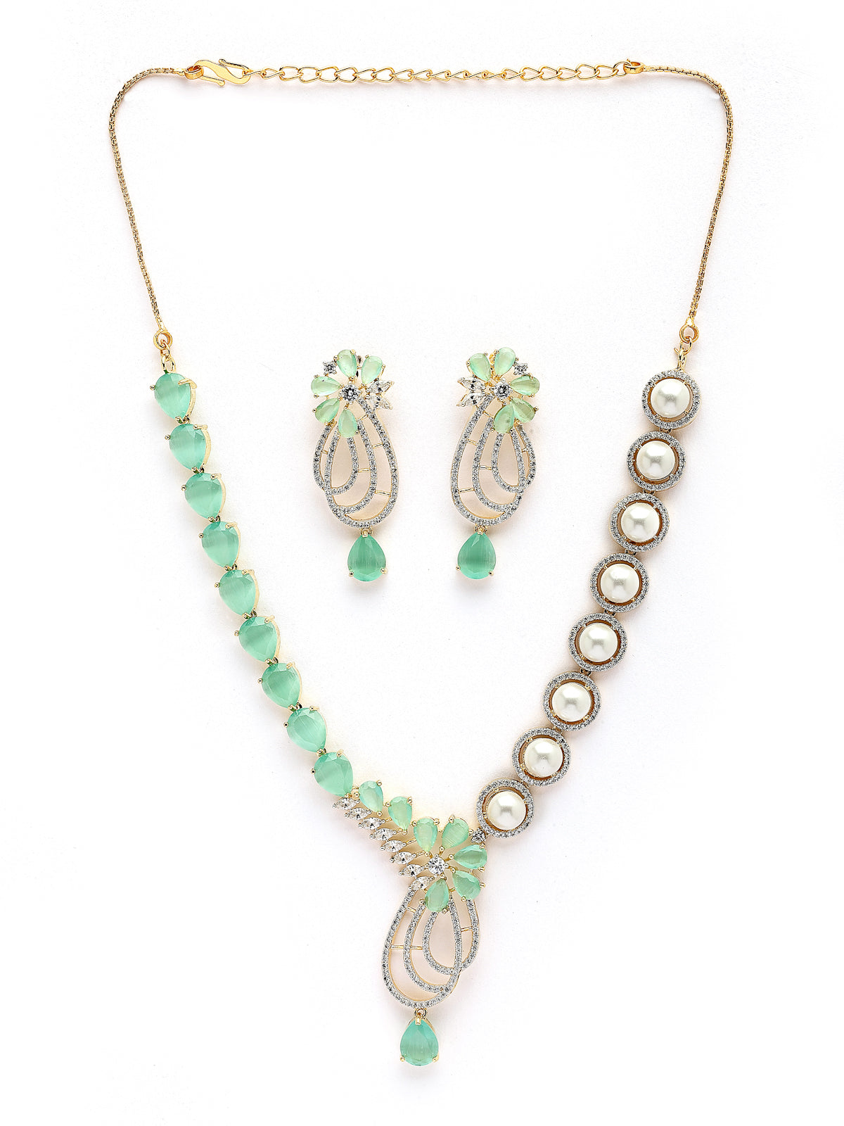 Sukkhi Seaside Tear Drop Round Design Gold Plated CZ & Pearl Studded Mint Green Brass Collar Necklace & Drop Earrings Jewellery Set for Women|Latest Stylish Gifts for All Occasions|NS116062