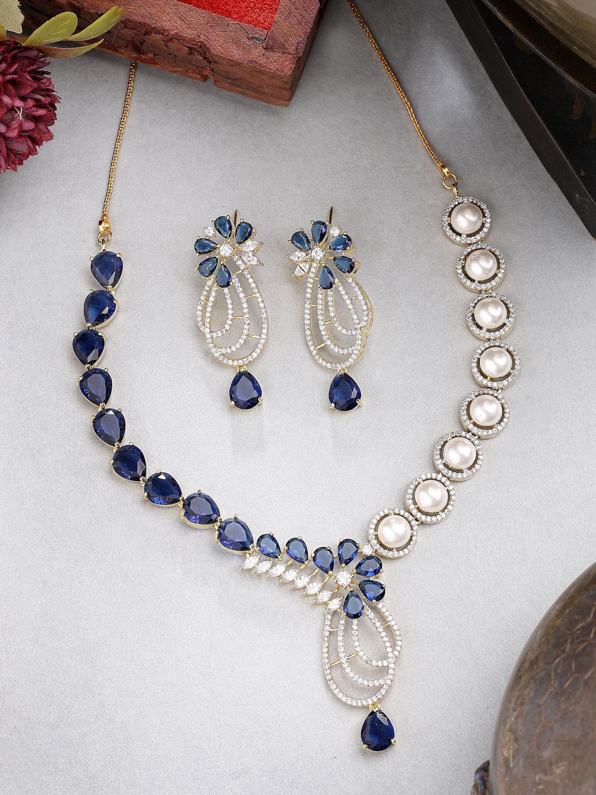Sukkhi Unique Tear Drop Round Design Gold Plated Cubic Zirconia & Pearl Studded Blue Brass Collar Necklace with Drop Earrings Jewellery Set for Women|Latest Stylish Gifts for All Occasions|NS116063