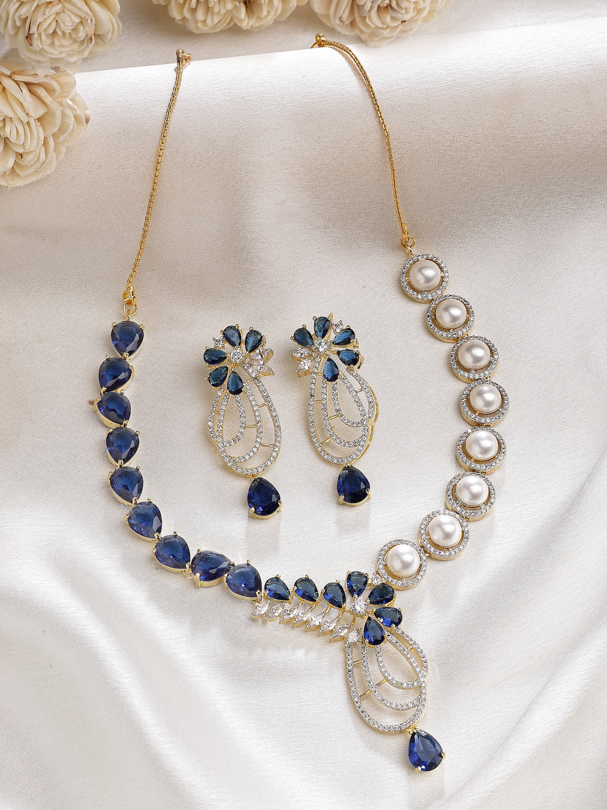 Sukkhi Unique Tear Drop Round Design Gold Plated Cubic Zirconia & Pearl Studded Blue Brass Collar Necklace with Drop Earrings Jewellery Set for Women|Latest Stylish Gifts for All Occasions|NS116063