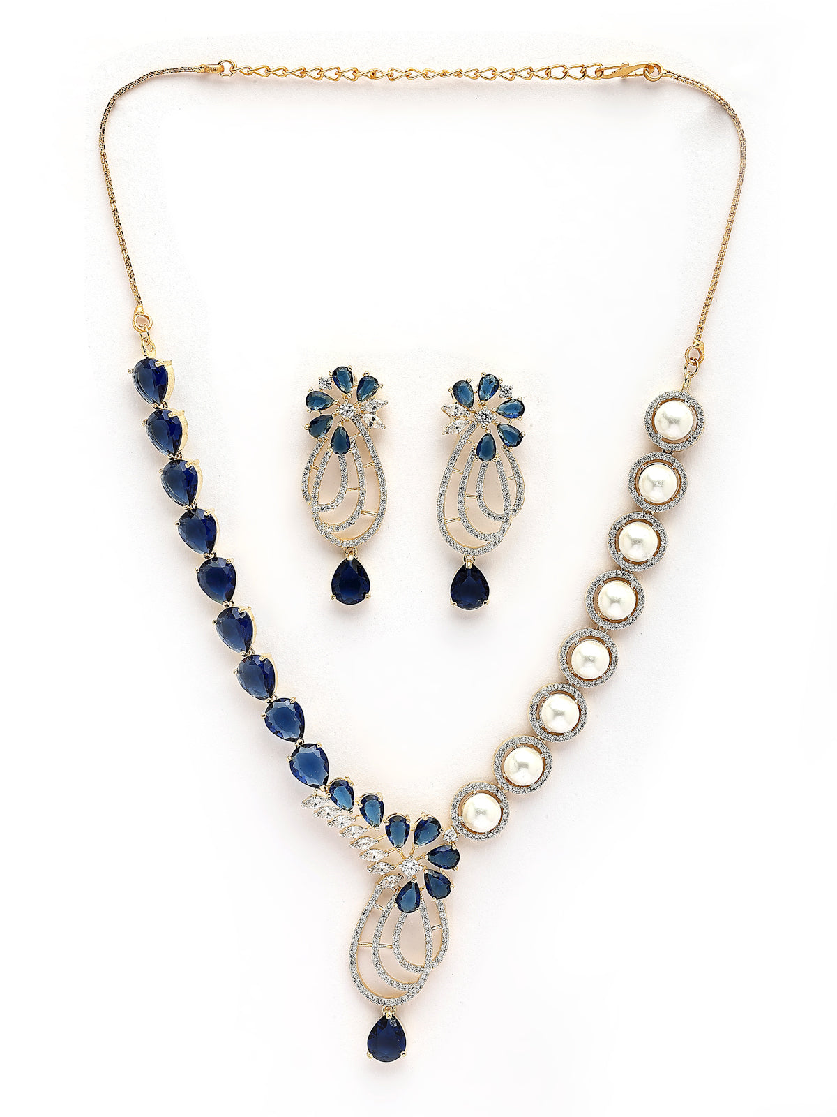 Sukkhi Unique Tear Drop Round Design Gold Plated Cubic Zirconia & Pearl Studded Blue Brass Collar Necklace with Drop Earrings Jewellery Set for Women|Latest Stylish Gifts for All Occasions|NS116063