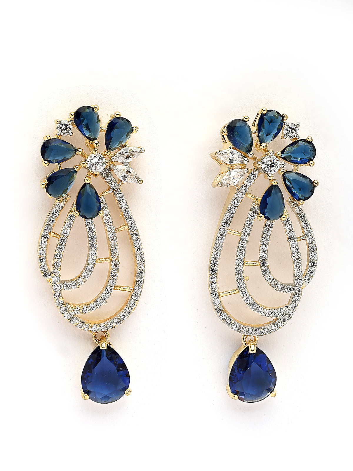 Sukkhi Unique Tear Drop Round Design Gold Plated Cubic Zirconia & Pearl Studded Blue Brass Collar Necklace with Drop Earrings Jewellery Set for Women|Latest Stylish Gifts for All Occasions|NS116063