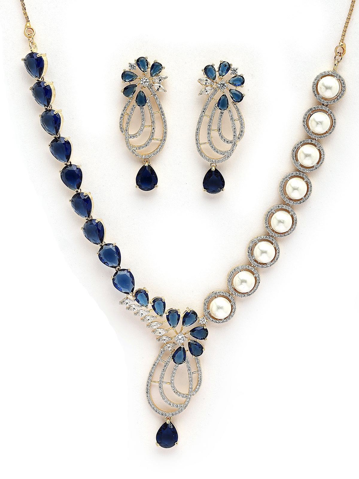 Sukkhi Unique Tear Drop Round Design Gold Plated Cubic Zirconia & Pearl Studded Blue Brass Collar Necklace with Drop Earrings Jewellery Set for Women|Latest Stylish Gifts for All Occasions|NS116063