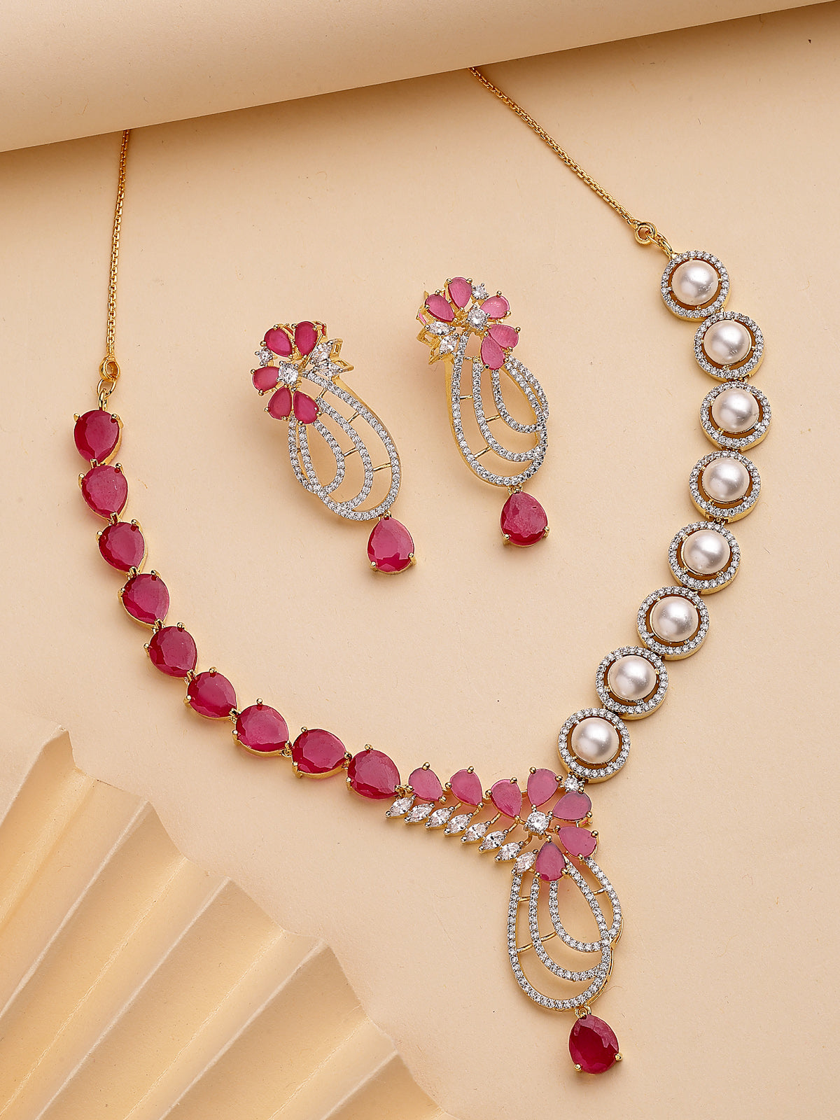 Sukkhi Beautiful Red Tear Drop Round Design Gold Plated Cubic Zirconia & Pearl Studded Brass Collar Necklace with Drop Earrings Jewellery Set for Women|Latest Stylish Gifts for All Occasions|NS116064