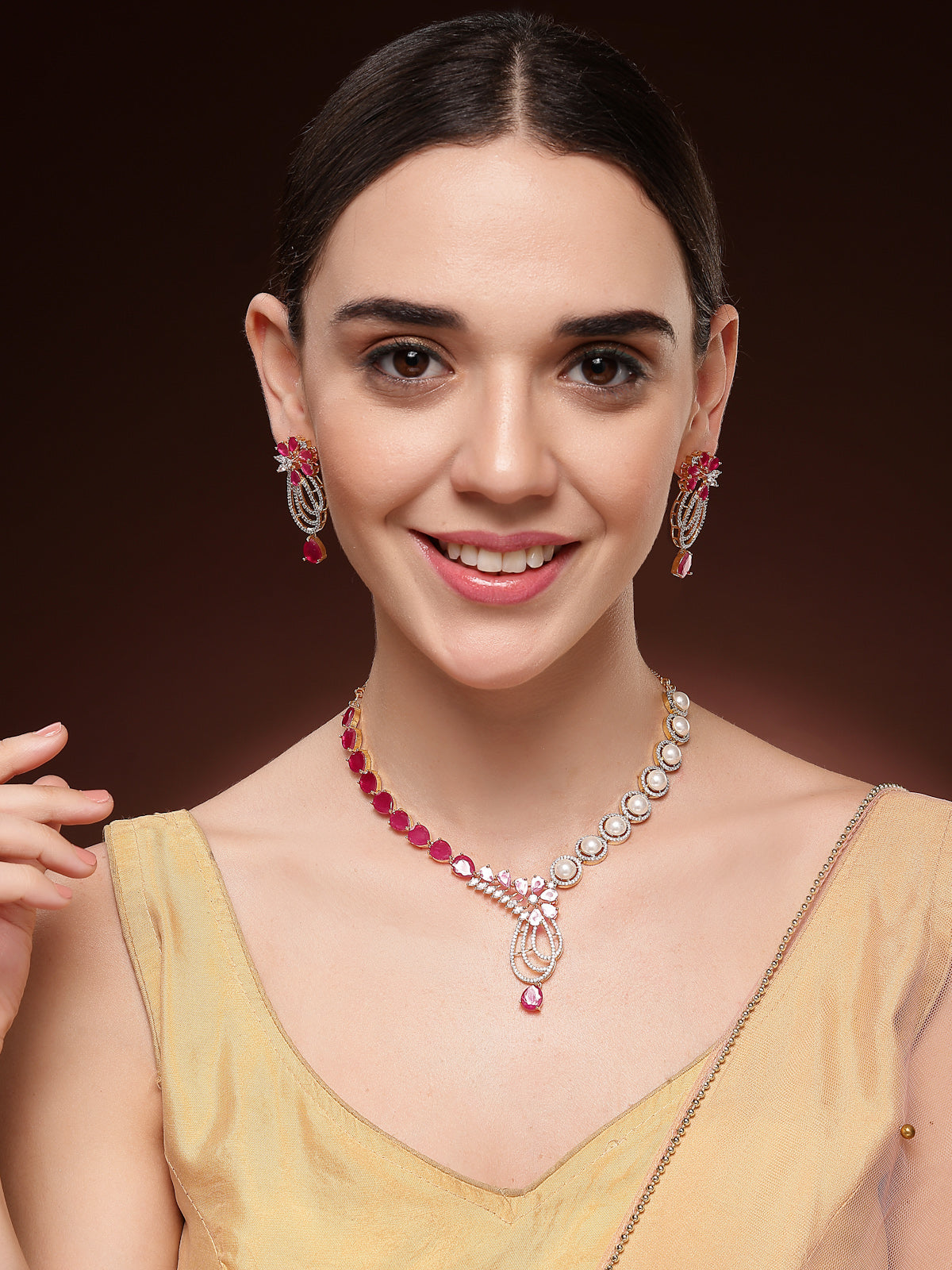 Sukkhi Beautiful Red Tear Drop Round Design Gold Plated Cubic Zirconia & Pearl Studded Brass Collar Necklace with Drop Earrings Jewellery Set for Women|Latest Stylish Gifts for All Occasions|NS116064