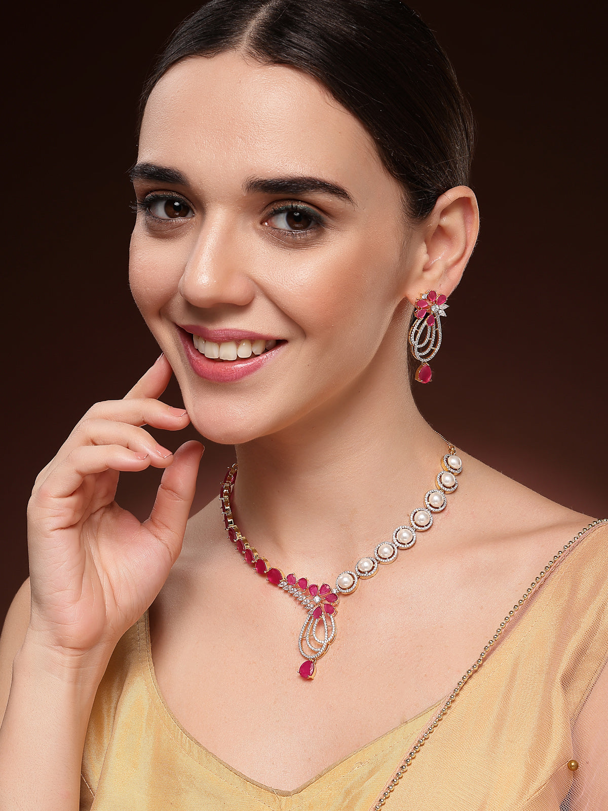 Sukkhi Beautiful Red Tear Drop Round Design Gold Plated Cubic Zirconia & Pearl Studded Brass Collar Necklace with Drop Earrings Jewellery Set for Women|Latest Stylish Gifts for All Occasions|NS116064