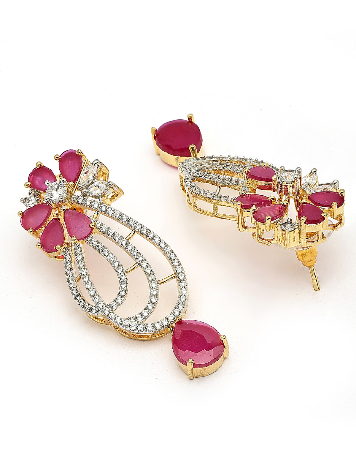 Sukkhi Beautiful Red Tear Drop Round Design Gold Plated Cubic Zirconia & Pearl Studded Brass Collar Necklace with Drop Earrings Jewellery Set for Women|Latest Stylish Gifts for All Occasions|NS116064