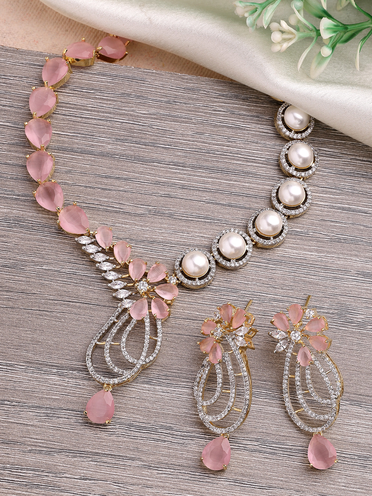 Sukkhi Pretty Pink Tear Drop Round Design Gold Plated Cubic Zirconia & Pearl Studded Brass Collar Necklace with Drop Earrings Jewellery Set for Women|Latest Stylish Gifts for All Occasions|NS116065