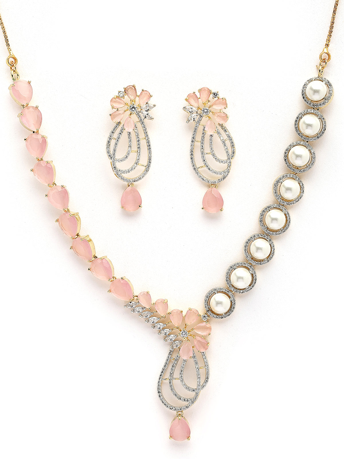 Sukkhi Pretty Pink Tear Drop Round Design Gold Plated Cubic Zirconia & Pearl Studded Brass Collar Necklace with Drop Earrings Jewellery Set for Women|Latest Stylish Gifts for All Occasions|NS116065