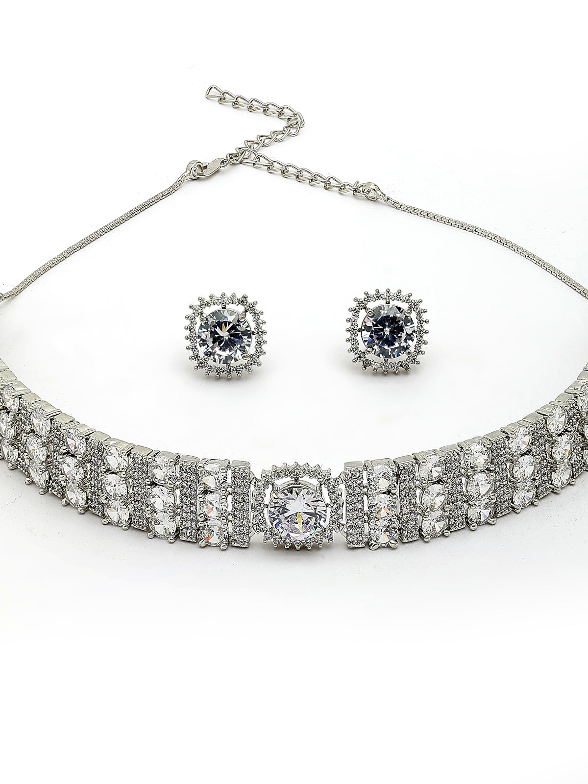 Sukkhi Decent Stylish Design Rhodium Plated Cubic Zirconia Studded White Brass Choker Necklace with Studs Earrings Jewellery Set for Women|Latest Stylish Gifts for All Occasions|NS116066