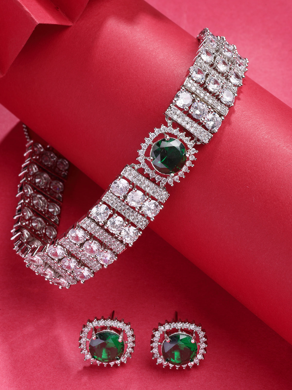 Sukkhi Delicate Fashionable Design Rhodium Plated Cubic Zirconia Studded Emerald Green Brass Choker Necklace with Studs Earrings Jewellery Set for Women|Latest Stylish Gift for All Occasions|NS116067