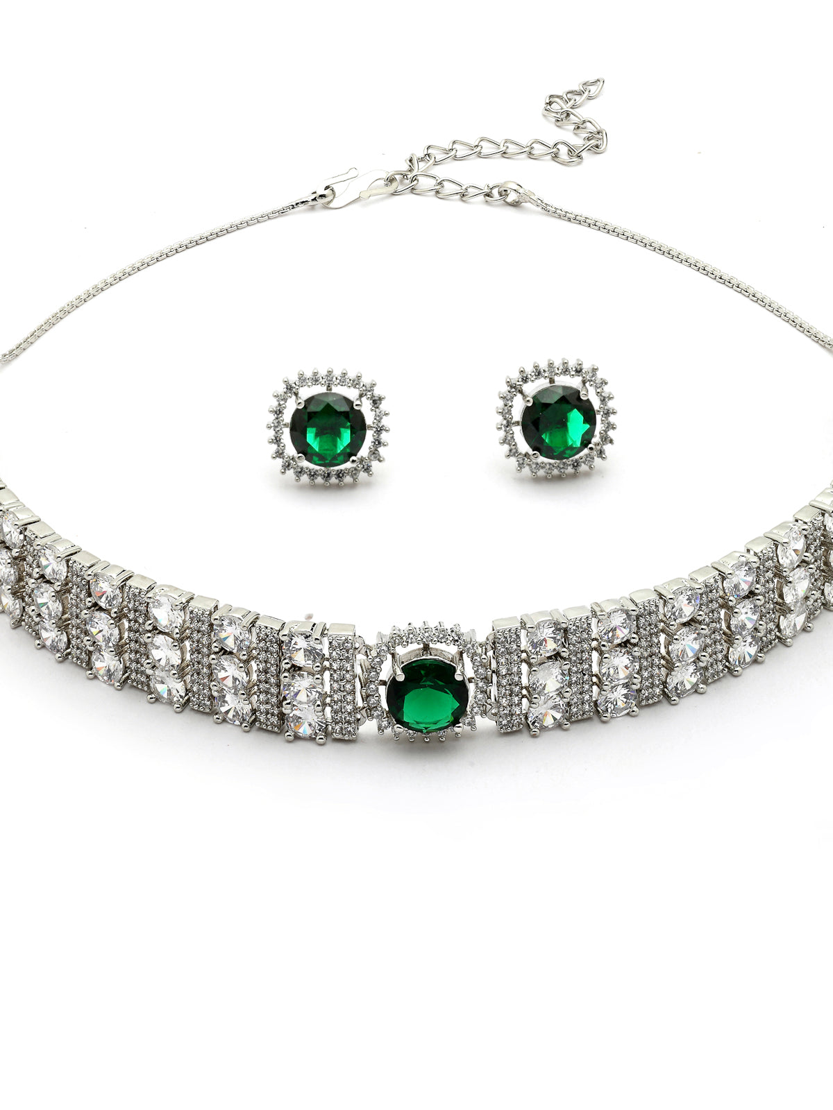 Sukkhi Delicate Fashionable Design Rhodium Plated Cubic Zirconia Studded Emerald Green Brass Choker Necklace with Studs Earrings Jewellery Set for Women|Latest Stylish Gift for All Occasions|NS116067