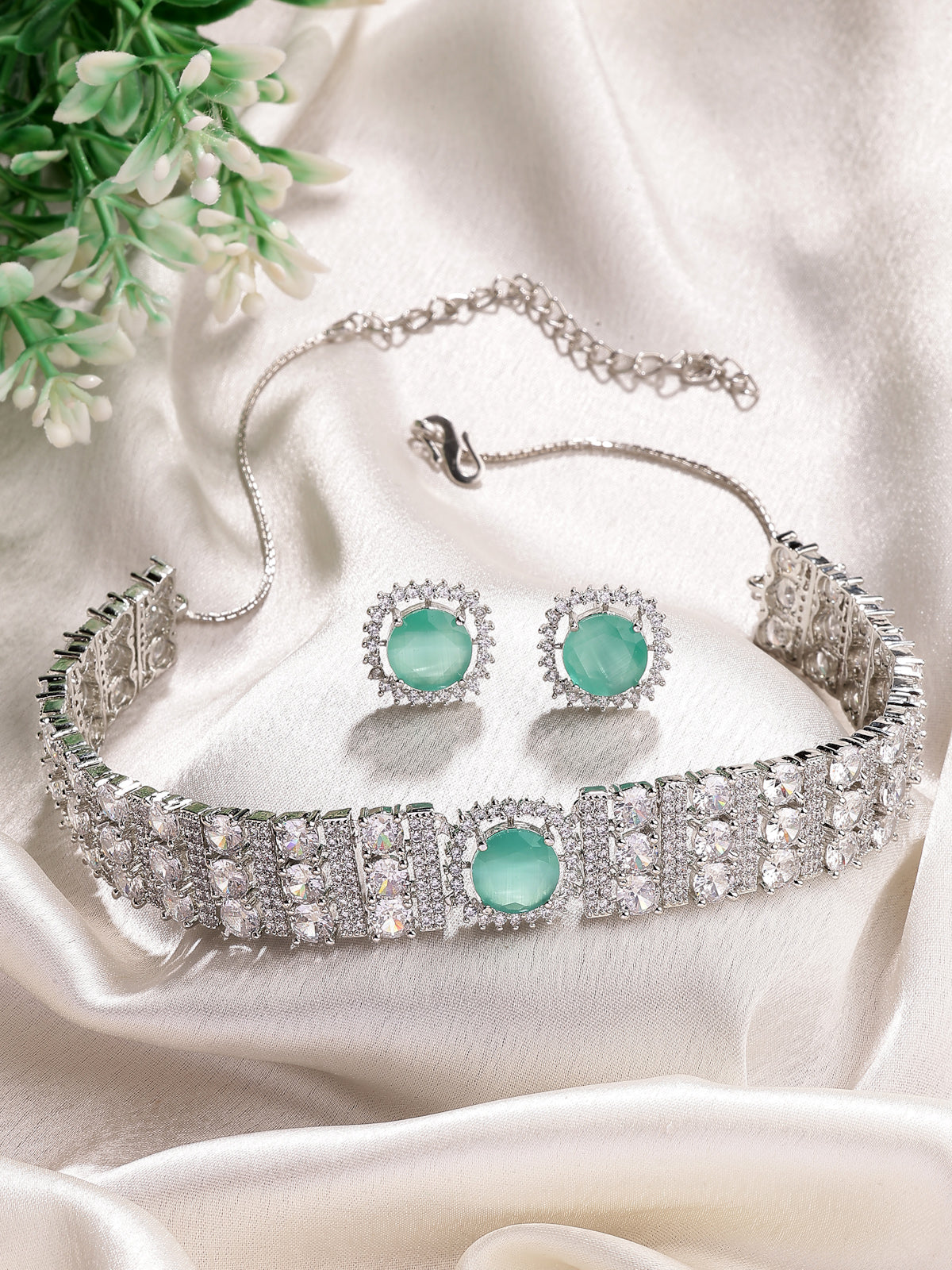 Sukkhi Glamorous Fashionable Design Rhodium Plated Cubic Zirconia Studded Mint Green Brass Choker Necklace with Studs Earrings Jewellery Set for Women|Latest Stylish Gifts for All Occasions|NS116068