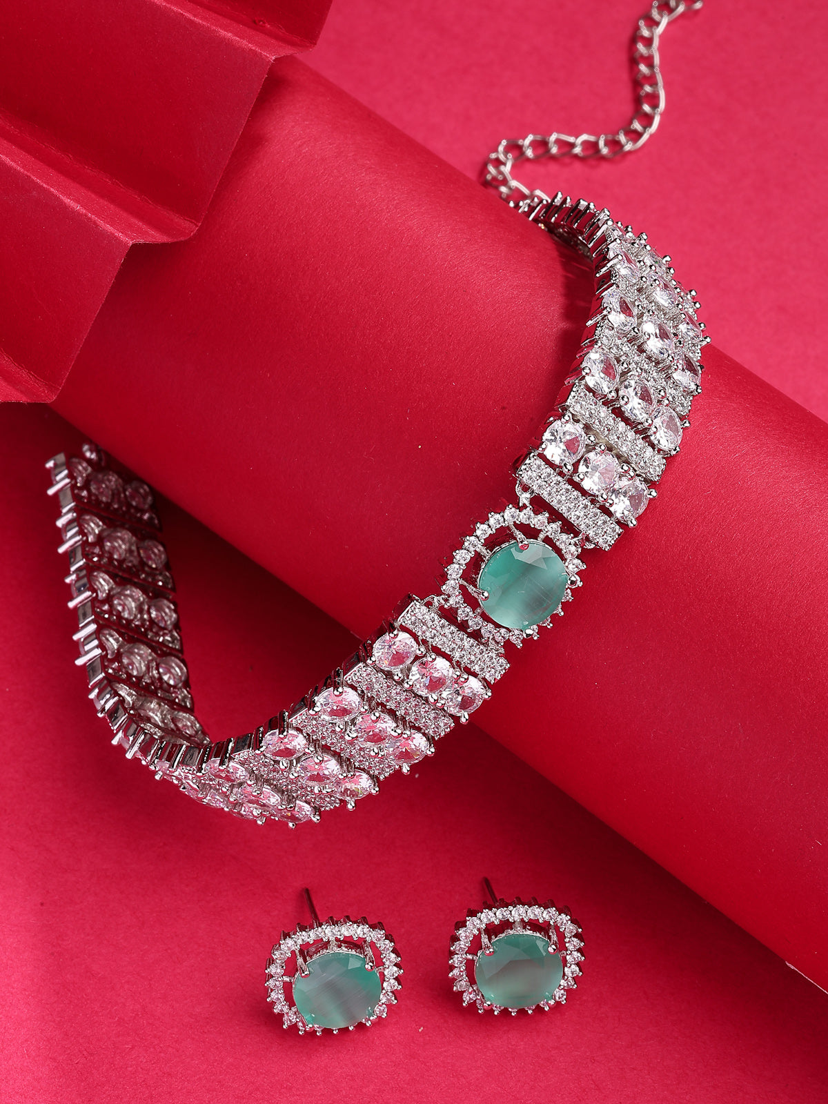 Sukkhi Glamorous Fashionable Design Rhodium Plated Cubic Zirconia Studded Mint Green Brass Choker Necklace with Studs Earrings Jewellery Set for Women|Latest Stylish Gifts for All Occasions|NS116068