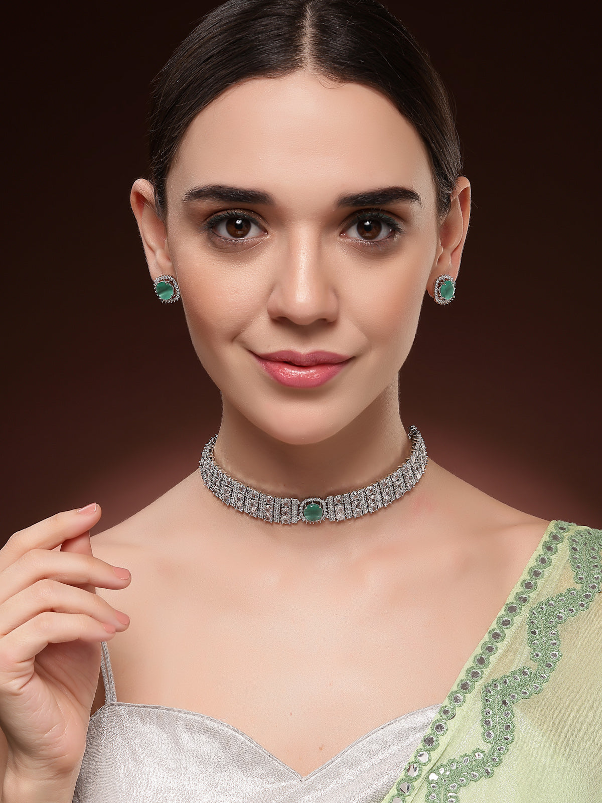 Sukkhi Glamorous Fashionable Design Rhodium Plated Cubic Zirconia Studded Mint Green Brass Choker Necklace with Studs Earrings Jewellery Set for Women|Latest Stylish Gifts for All Occasions|NS116068
