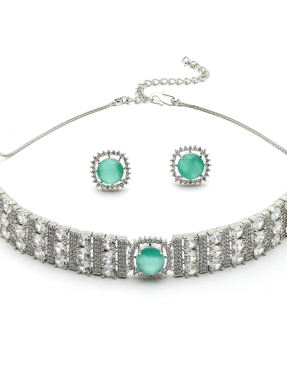 Sukkhi Glamorous Fashionable Design Rhodium Plated Cubic Zirconia Studded Mint Green Brass Choker Necklace with Studs Earrings Jewellery Set for Women|Latest Stylish Gifts for All Occasions|NS116068